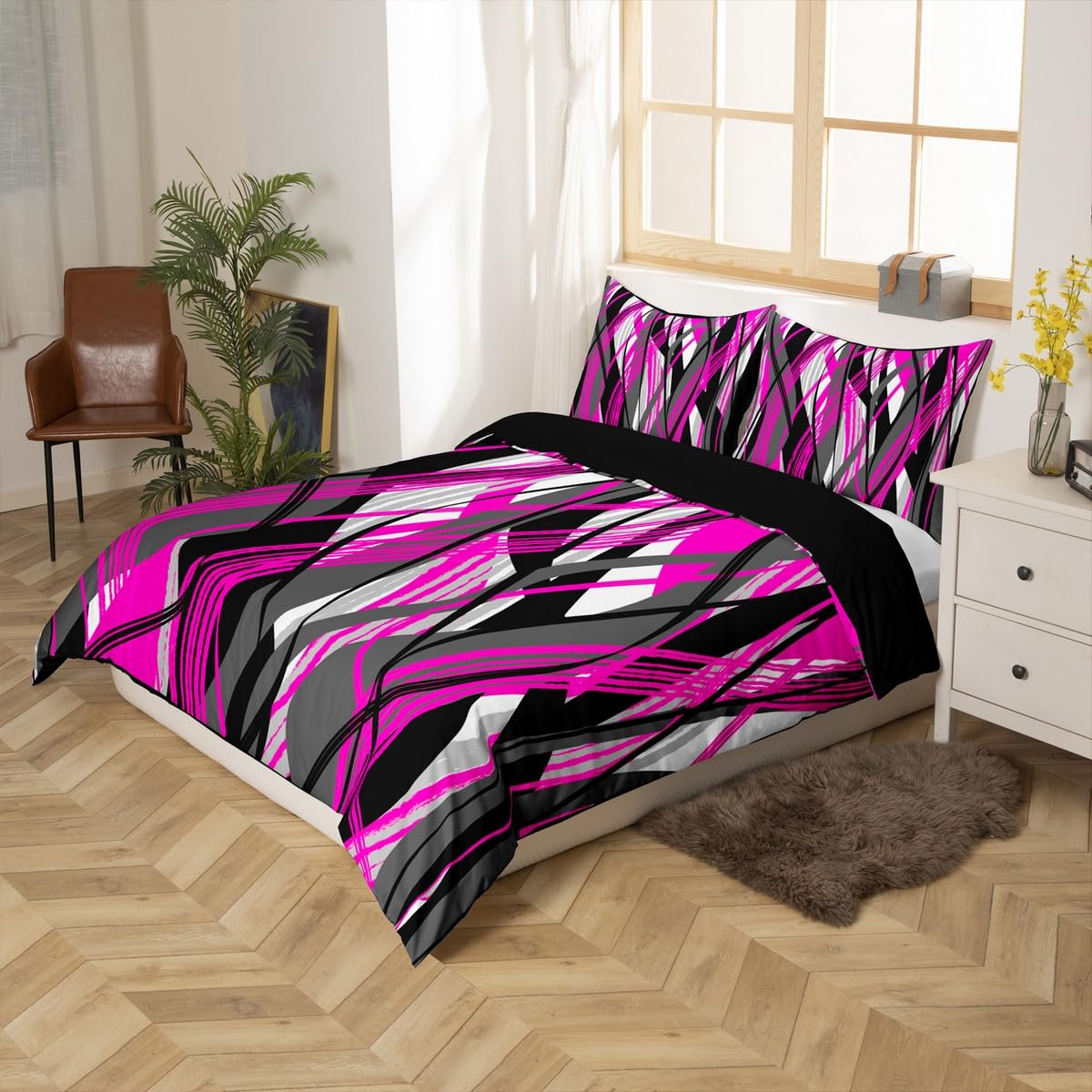 jejeloiu Toddler Size Rose Pink Striped Bedding Set for Kids Boys Girls Modern Abstract Comforter Cover Minimalist Duvet Cover Bedroom Decor Soft Microfiber 2Pcs,No Stuffing
