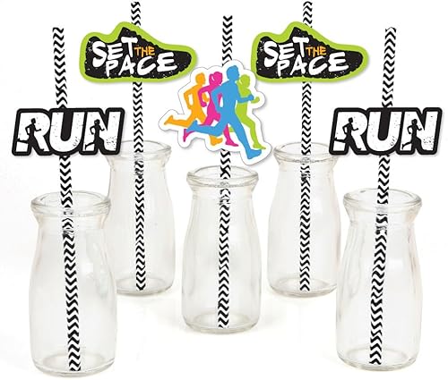 Big Dot of Happiness Set The Pace - Pajitas decorativas a rayas para correr o fiestas de maratón - Juego de 24 pajitas decorativas de papel