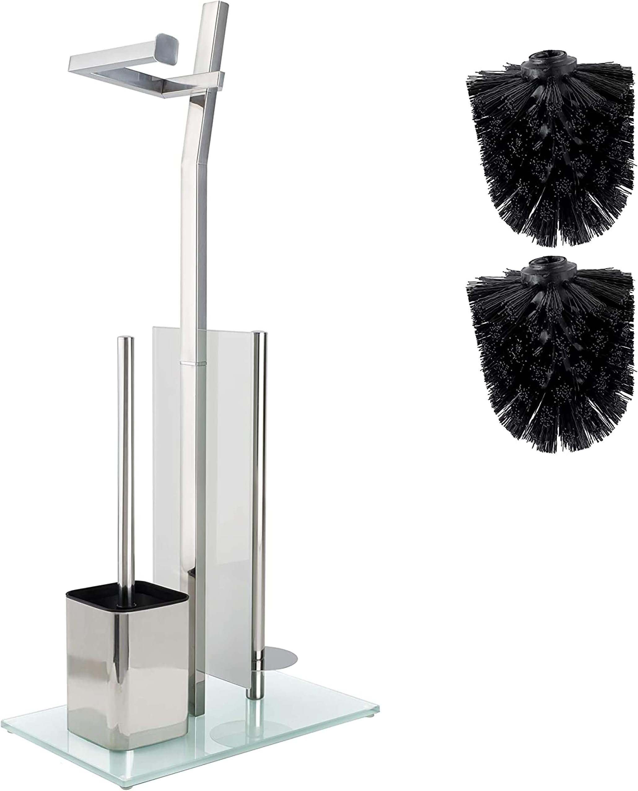 Toilet Roll Holder - Shiny Chrome - Toilet Paper Holder - Stainless Steel Chrome Plated Free Standing with Glass Base - Size 32x20x70 cm - Plus: 1+2 Extra Toilet Brush Heads Exchange
