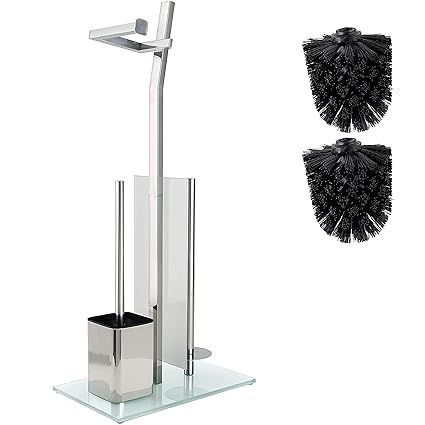 WC Set with roll Holder - Shiny Chrome - Toilet Paper Holder - Stainless Steel Chrome-Plated - Glass Base - Dim: 32x20x70cm Easy Installation Plus: 1+2 Extra Toilet Brush Heads for Exchange!