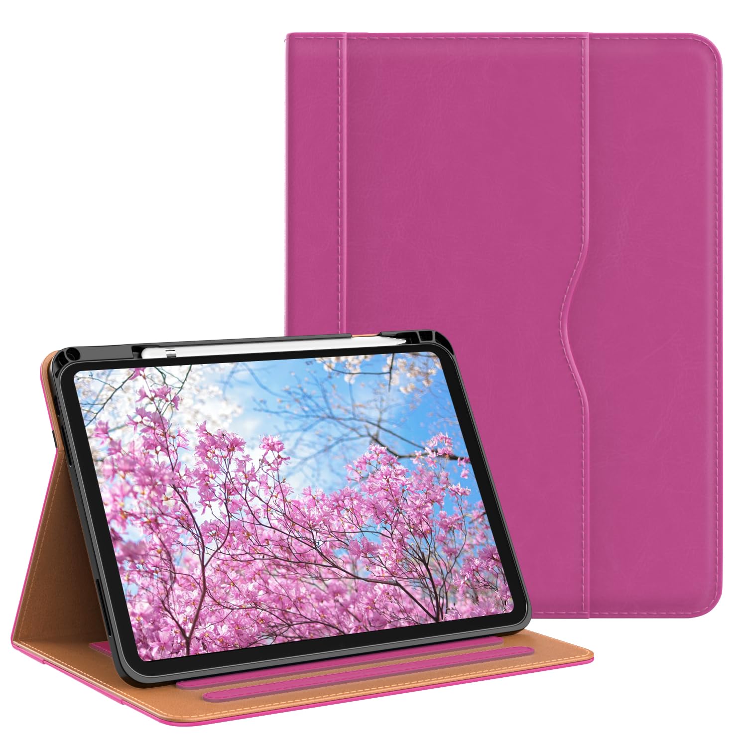 OKP Leather Case for iPad A16 11th/10th Generation 11/10.9 inch 2025/2022 | Multi-Angle Viewing PU Leather Stand Cover with Pencil Holder & Pocket,