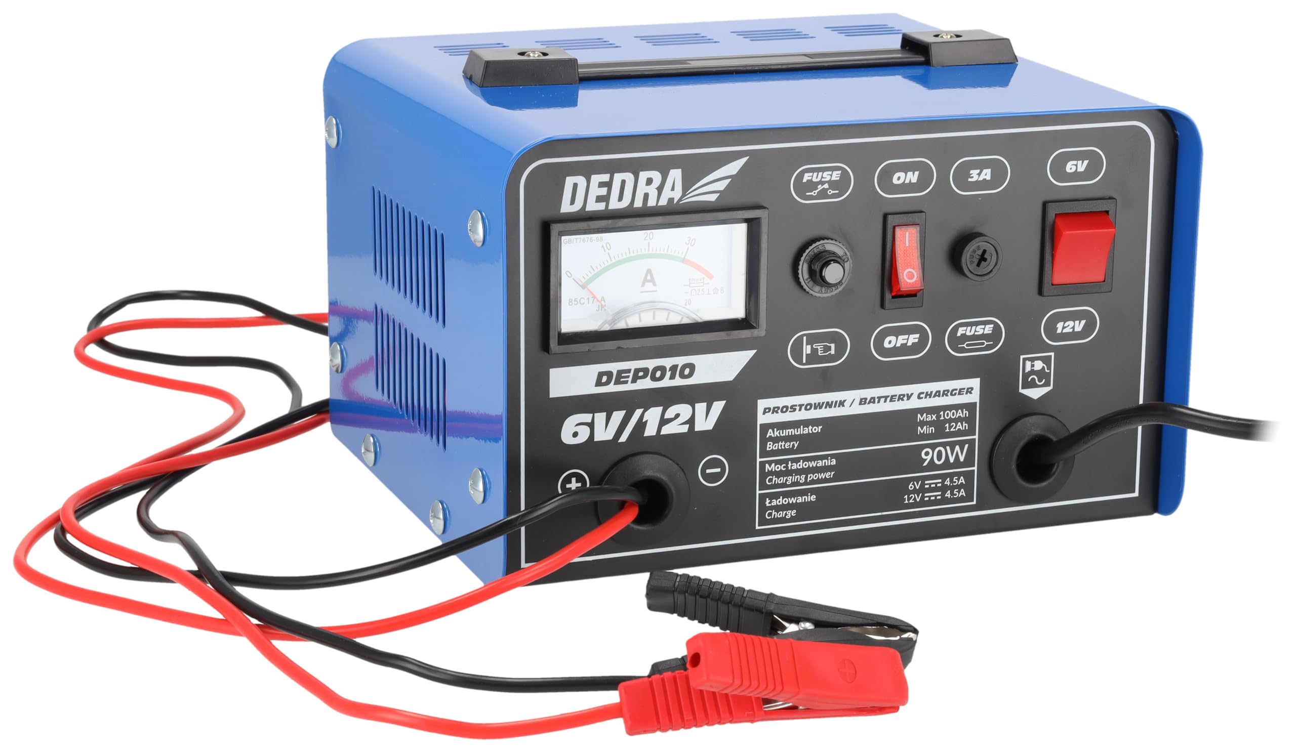 Prostownik, falownik DEDRA 6/12 V moc 12-100 Ah, moc ładowania 90 W, z funkcją wyświetlania prądu, ochrona 3A, długość kabla do ładowania akumulatora: 120 cm,