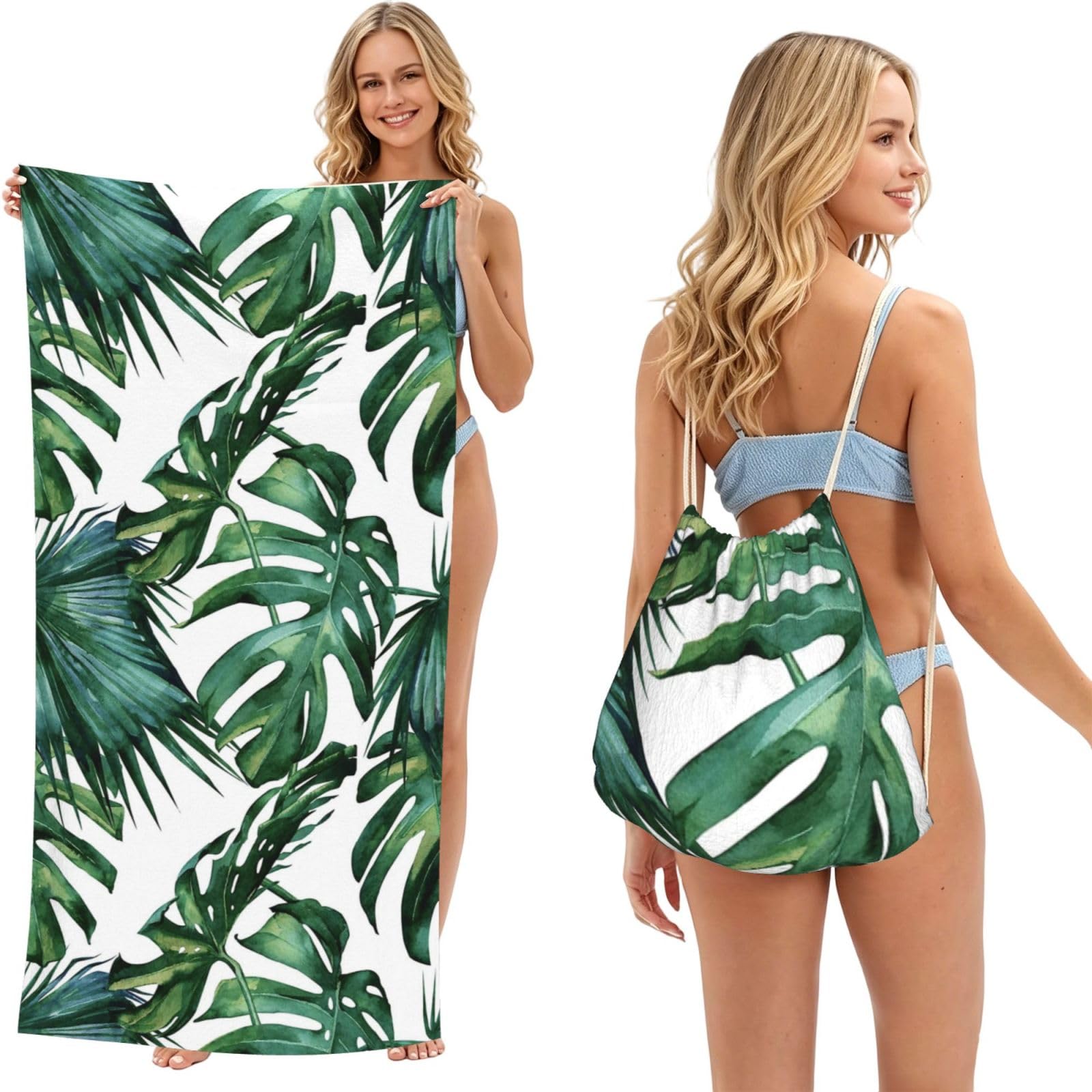 Poadnly As Picture Flourishing Palm Leaves, 2 In 1 Packable Towel Bag, Beach Towels With Drawstring Backpack For Travel Holiday Camping