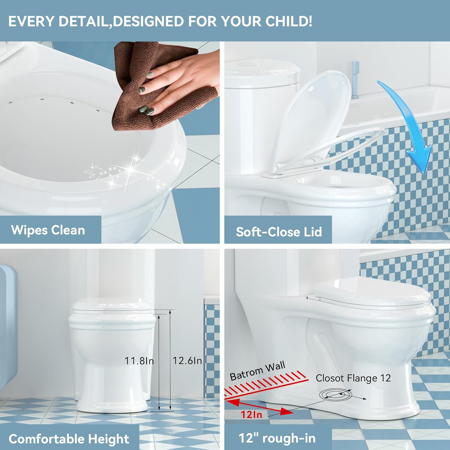 Potty Training Toilet for Kids, 11.8" Height Ceramic Toddler Toilet with Quiet Dual Flush 0.8/1.26GPF, for Child Bathroom and Daycare & Preschool - Ages 1.5-10