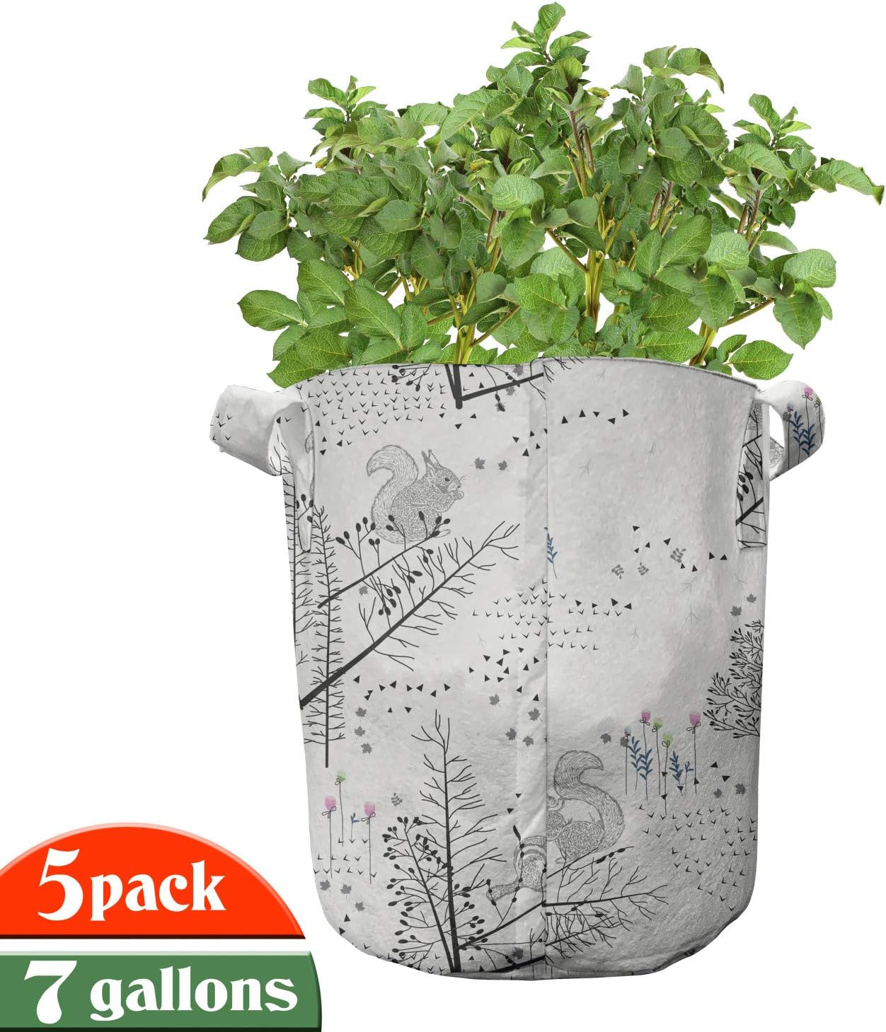 Lunarable Spring Grow Bags 5-Pack, Squirrel Minimal Branches, Heavyduty Fabric Pots with Handles for Plants, Multicolor