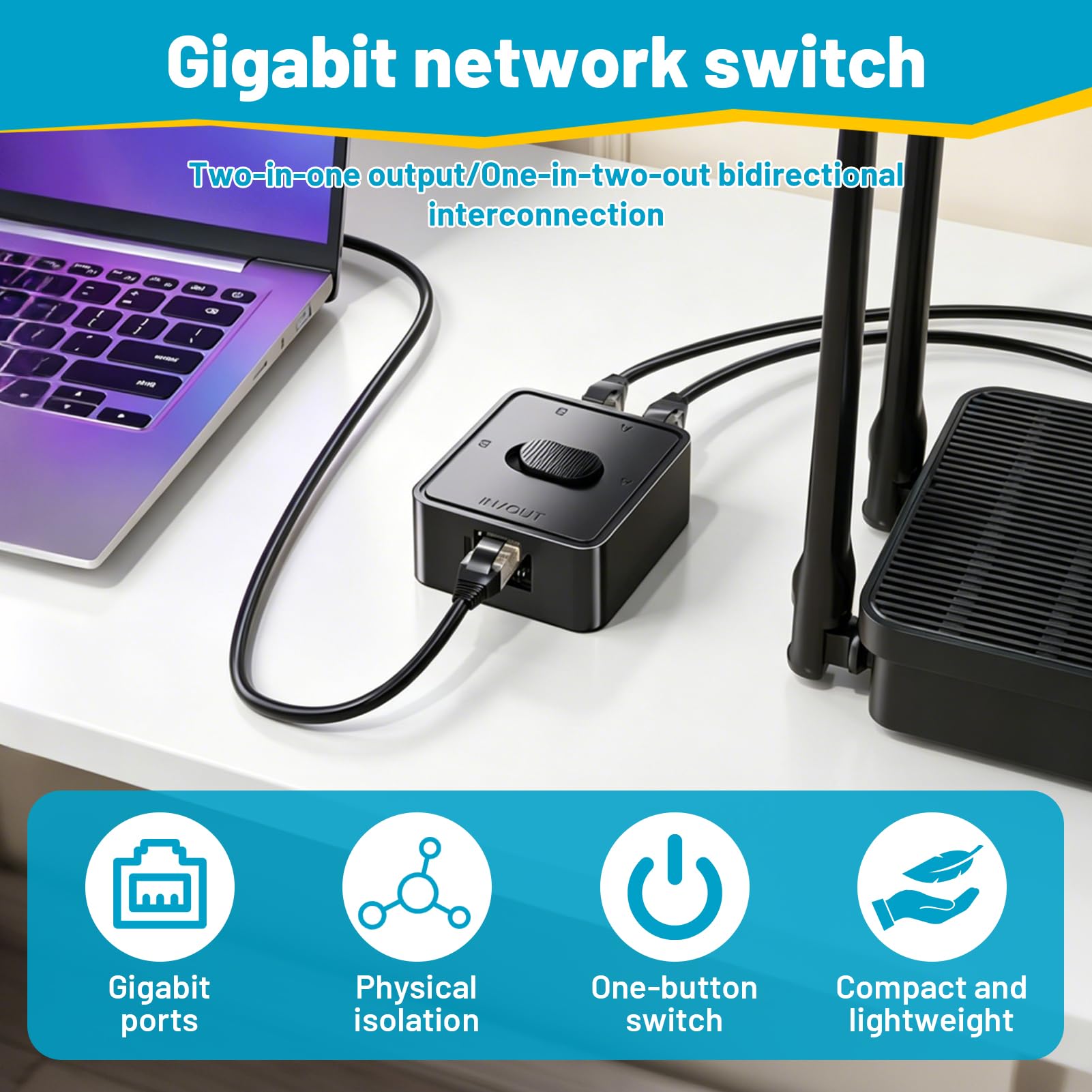 2 Port Switch, LAN Switch 2 Port 2-in-1-Out oder 1-in-2-Out RJ45 Netzwerk Umschalter Passiver Ethernet Switch 1000Mbps Mechanischem Schiebeschalter Kein Strom Erforderlich für Router PC Laptop TV Mehr