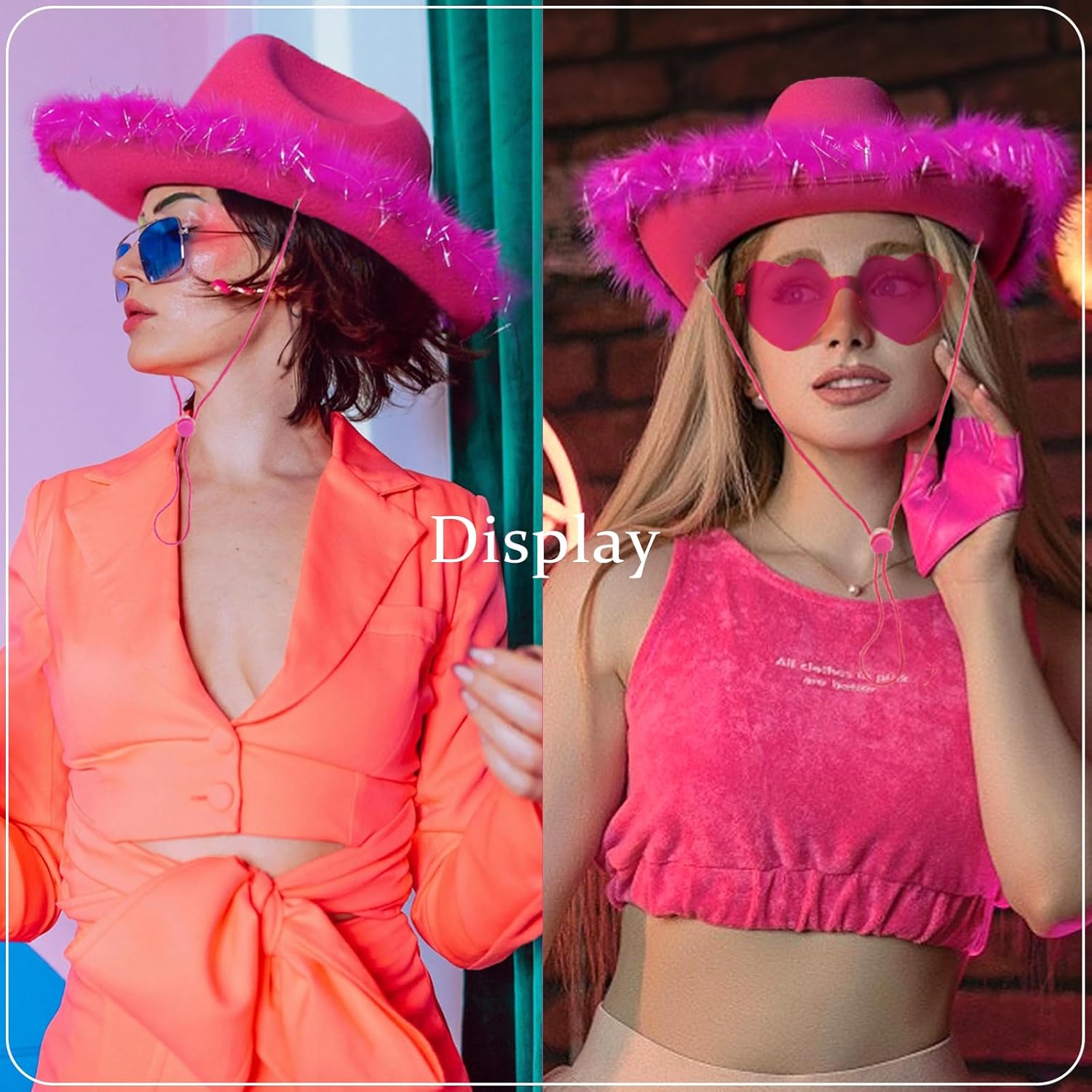 Cowboy Hat with Heart Sunglasses - Cowgirl Hat with Feather Boa Brim for Women&Men,Bachelorette Party Halloween - Image 6