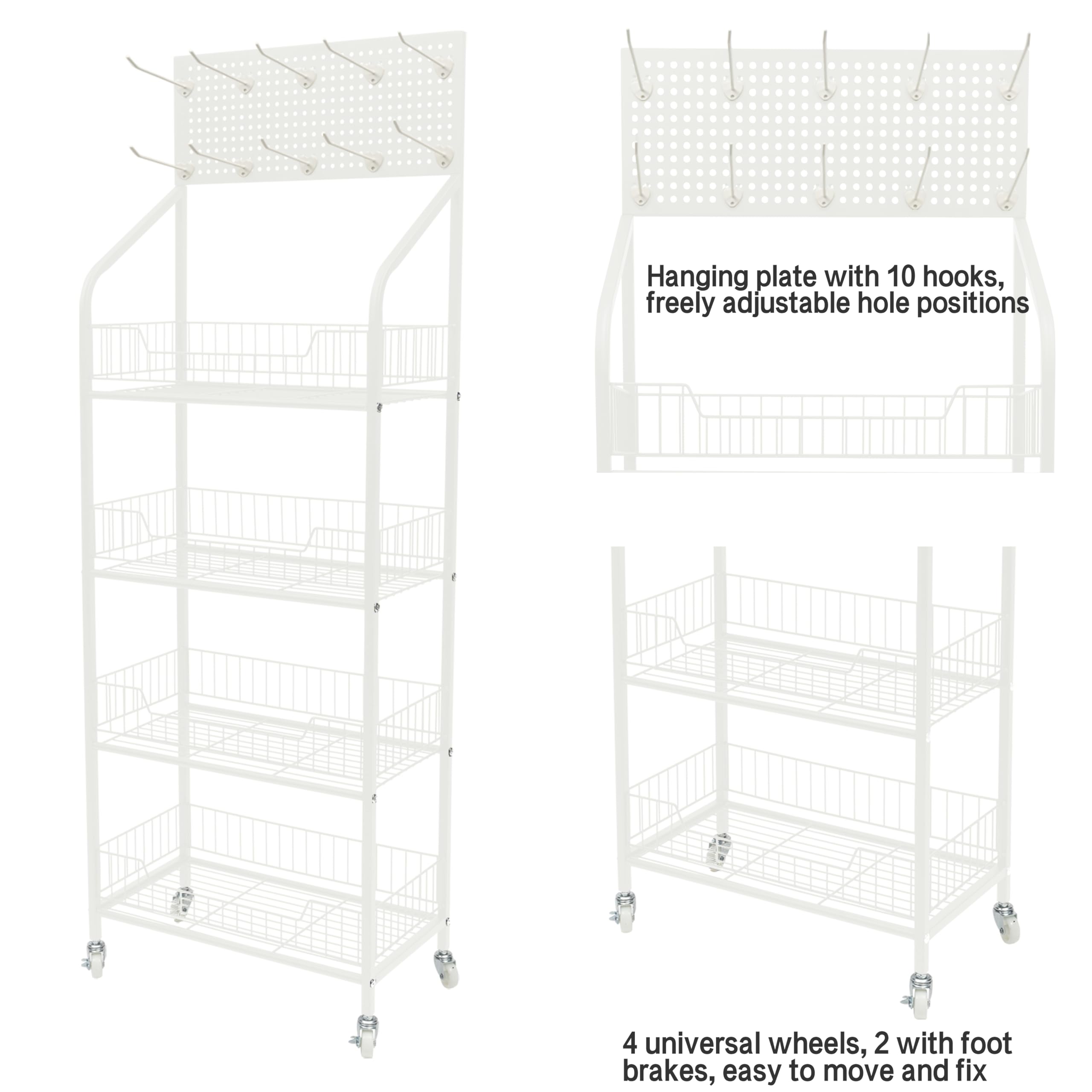 4 Tier Retail Display Stand Rack Basket Stand with Wheels & 10 Hanging Hook, Metal Farmers Market Shelf Storage Shelves for Pantry Fruit Vegetable Snack,Bread, Kitchen Store Bakery Supremarket