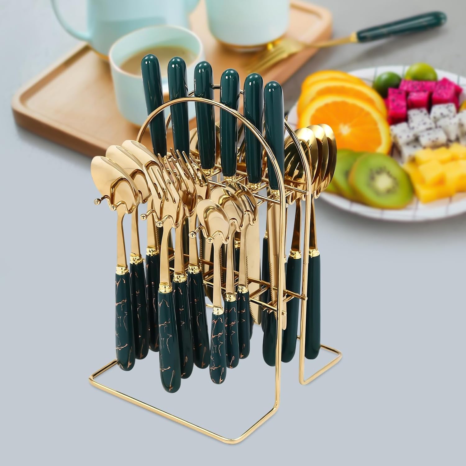 Ensemble de Couverts, Jeu de Couverts 24 pièces, Ensemble de Couverts en Acier Inoxydable avec Support de Suspension pour 6, Couteau à cuillère et Ensembles de Fourche pour la Cuisine à domi