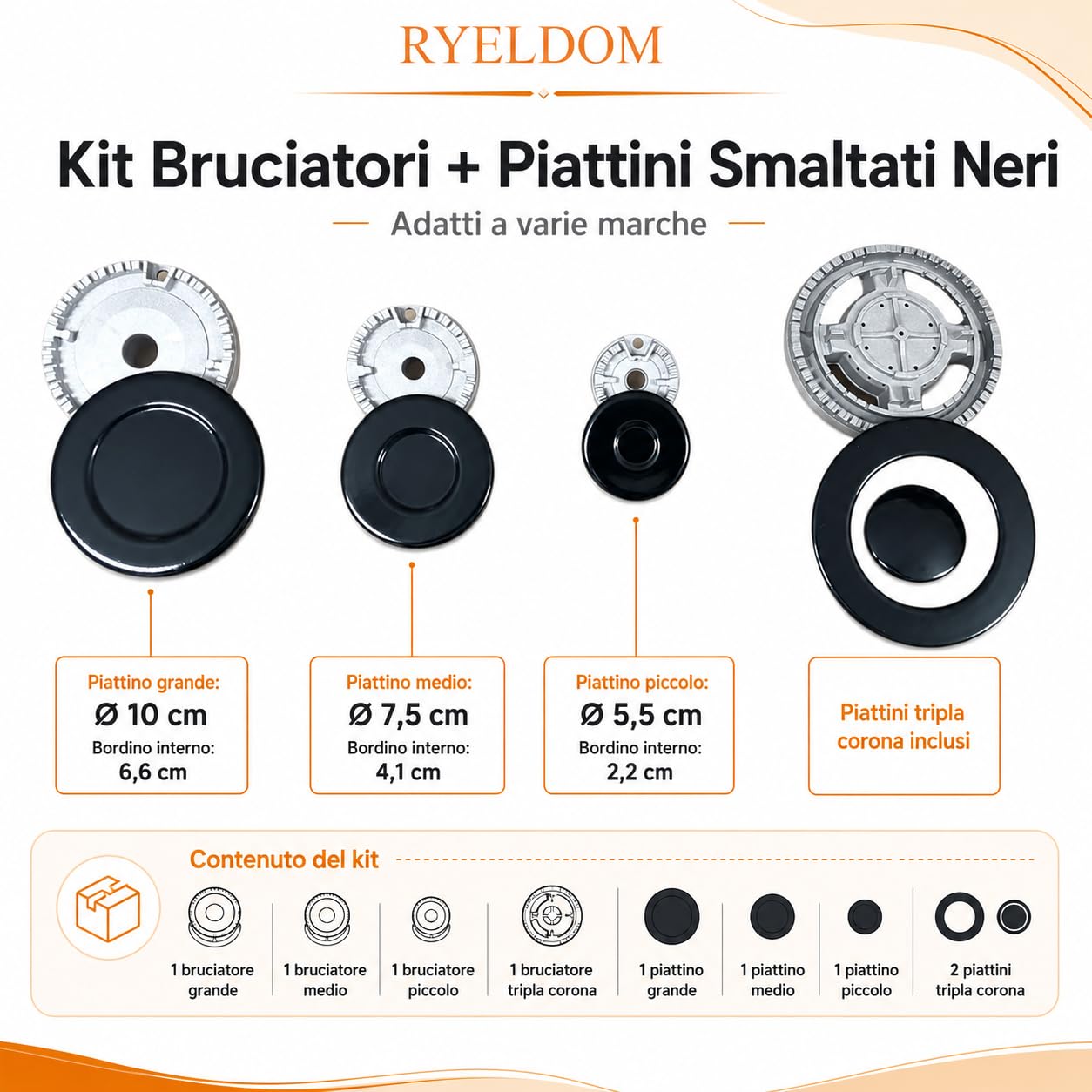 RYELDOM Kit Bruciatori e Piattini Smaltati Neri per Piano Cottura, Set Ricambio Adattabile a Varie Marche con Piattelli Grande, Medio, Piccolo e Tripla Corona