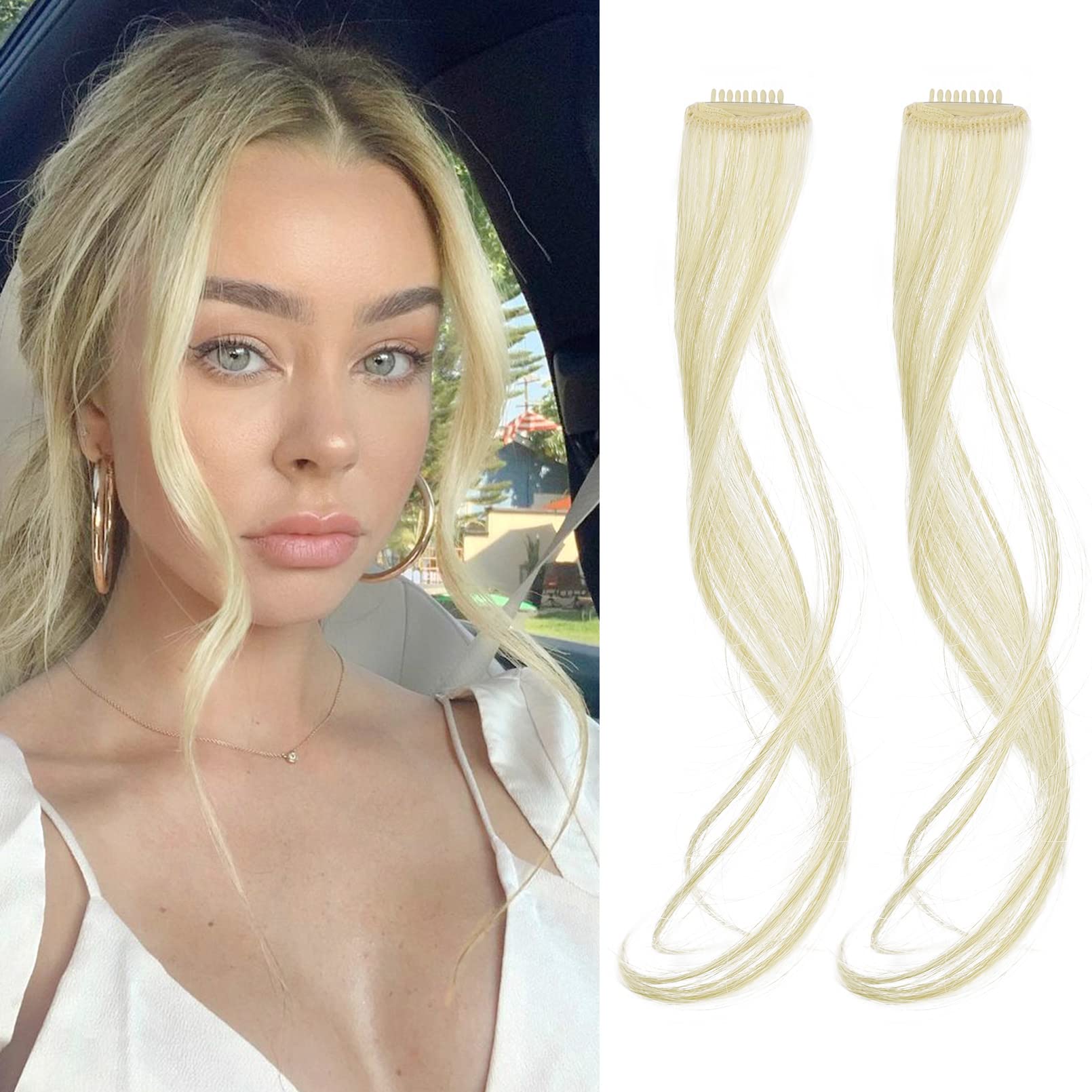 FlufymoozSide Air Bangs,2PCS Clip in Bangs Front Side Bangs for Women Daily Use Set Long Temples， Bangs Hair Clip on Fringe Bangs with Temples Synthetic Long Dragon beard Bangs Hair 12 inch （Blonde）