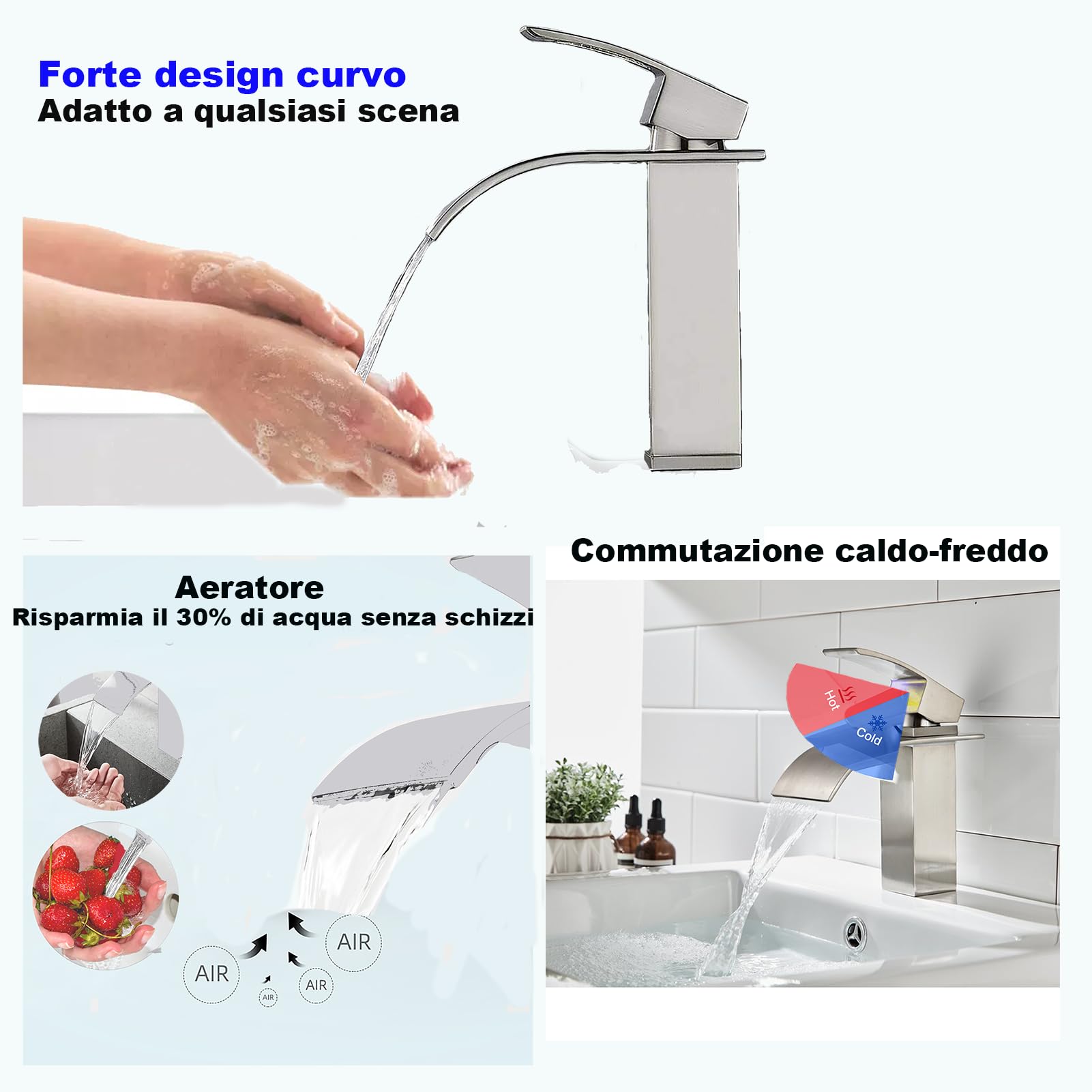 XWIHTR Rubinetto da bagno a cascata, rubinetto per lavabo, rubinetto per lavabo a una maniglia; bocca calda e fredda, silenzioso; rubinetto da bagno in ottone in acciaio inox (spazzolato)