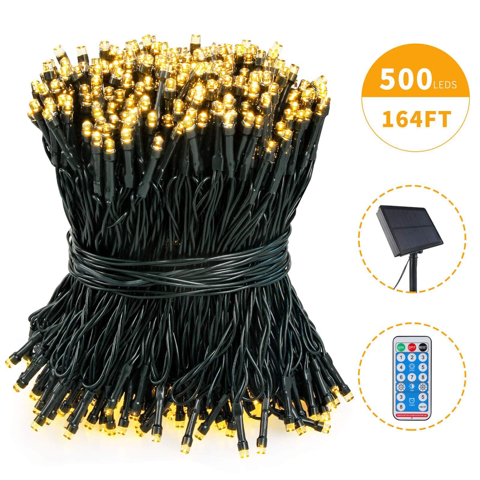 Tcamp - Luci solari per esterni, 500 LED, impermeabili, con telecomando, 8 modalità e timer funzioni, luci da crepuscolo a alba, sensore solare per giardino, patio, cortile, albero (bianco caldo)
