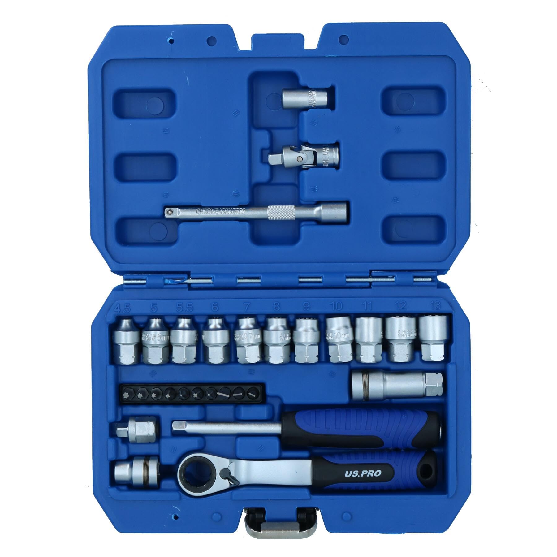Llave de vaso métrico de paso de 1/4 pulgadas + juego de accesorios 4,5-13 mm, 29 piezas