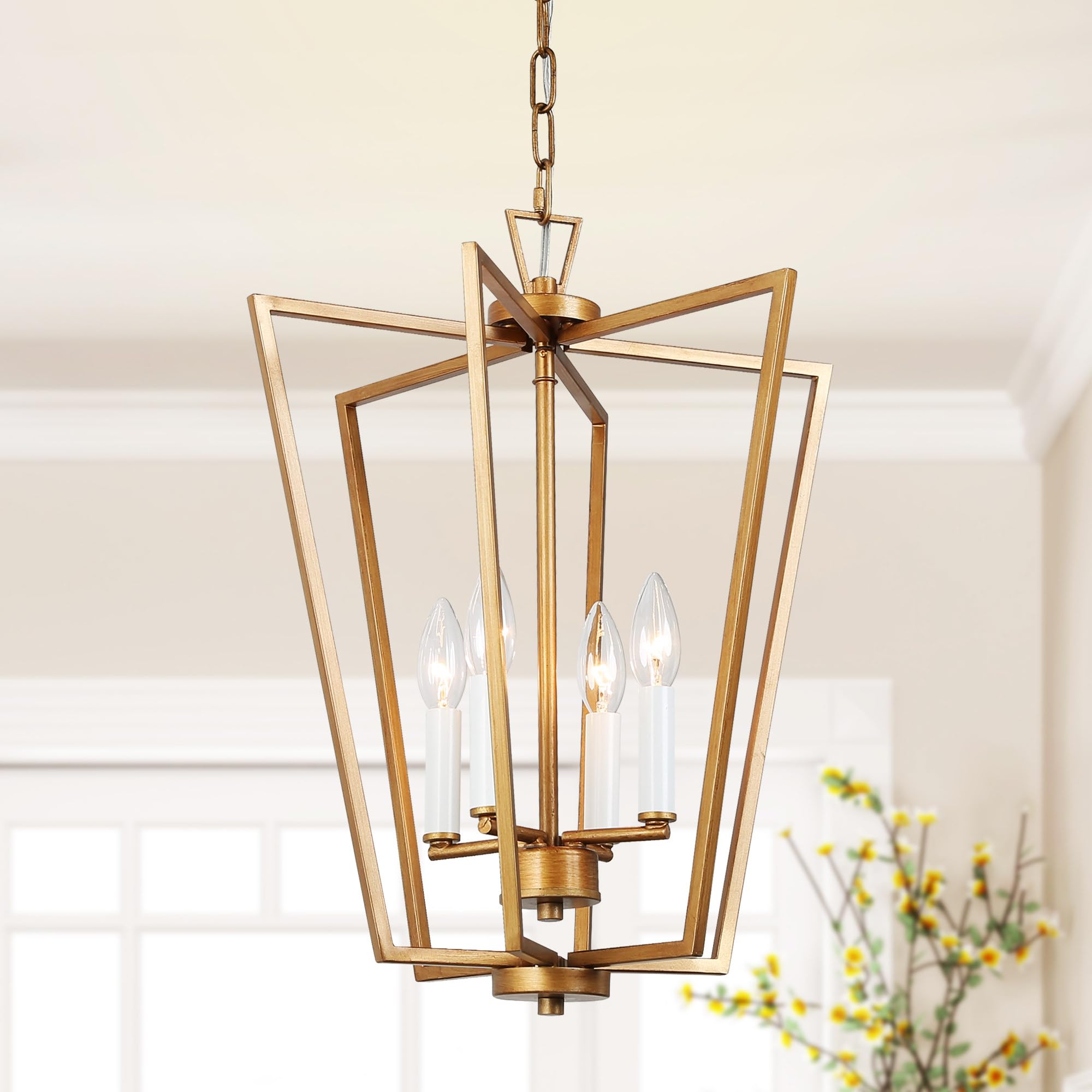 GEPOW Brushed Antique Gold Chandelier, Modern 4 Light Foyer Lighting Fixture for Dining Room, Kitchen Island, Bedroom, Foyer and Living Room