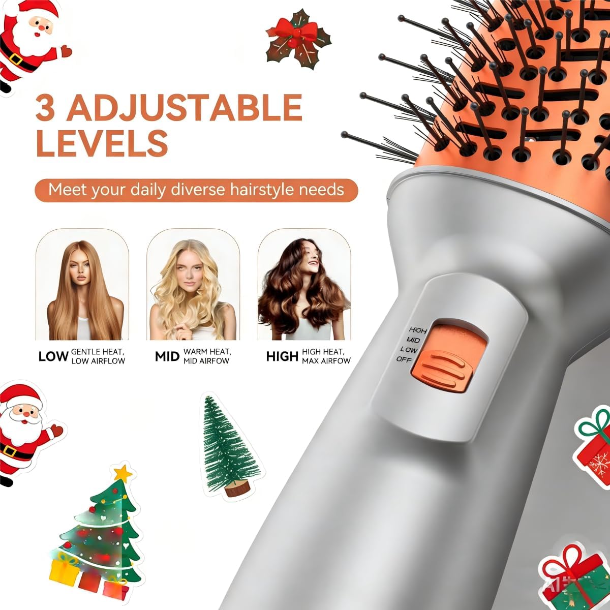 Travel Hair Dryer Brush, Double Voltage 100–240V 4-in-1 Hot Air Brush with 3 Heat & 2 Speed Settings for Drying, Straightening, Curling & Volumizing, Mini Ionic Thermal Blow Dryer Brush for Women