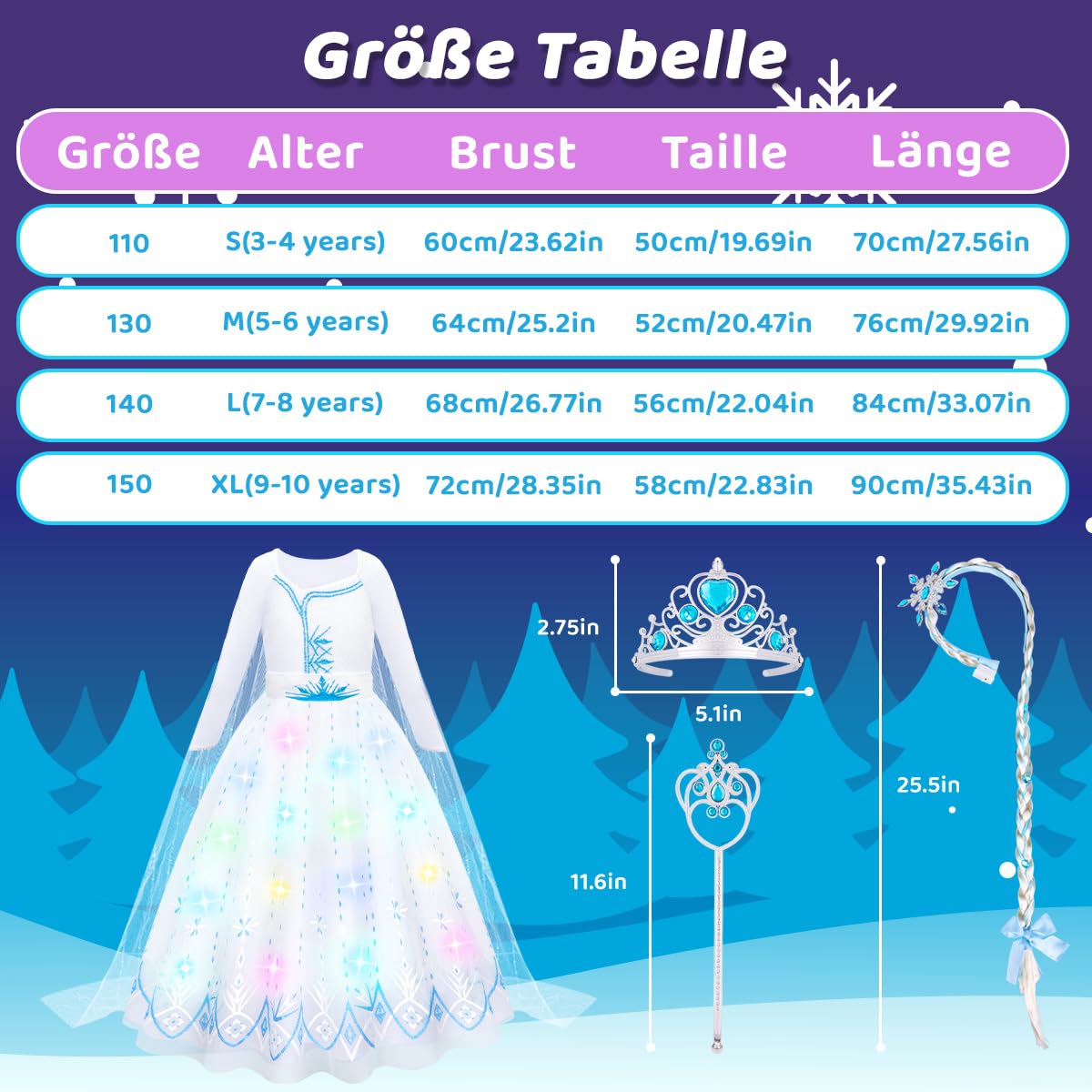 WIKITOT Vestito da principessa luminoso, 9 pezzi, da principessa con mantello, per 3-10 anni, costume di carnevale per bambini, per carnevale, Halloween, compleanno, cosplay