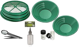 ASR Outdoor 7pc Gold Prospecting Kit 1/8 Mesh Classifier, 14" & 10" Green Gold Pans, Recovery Tools, Tweezers with Magnifier