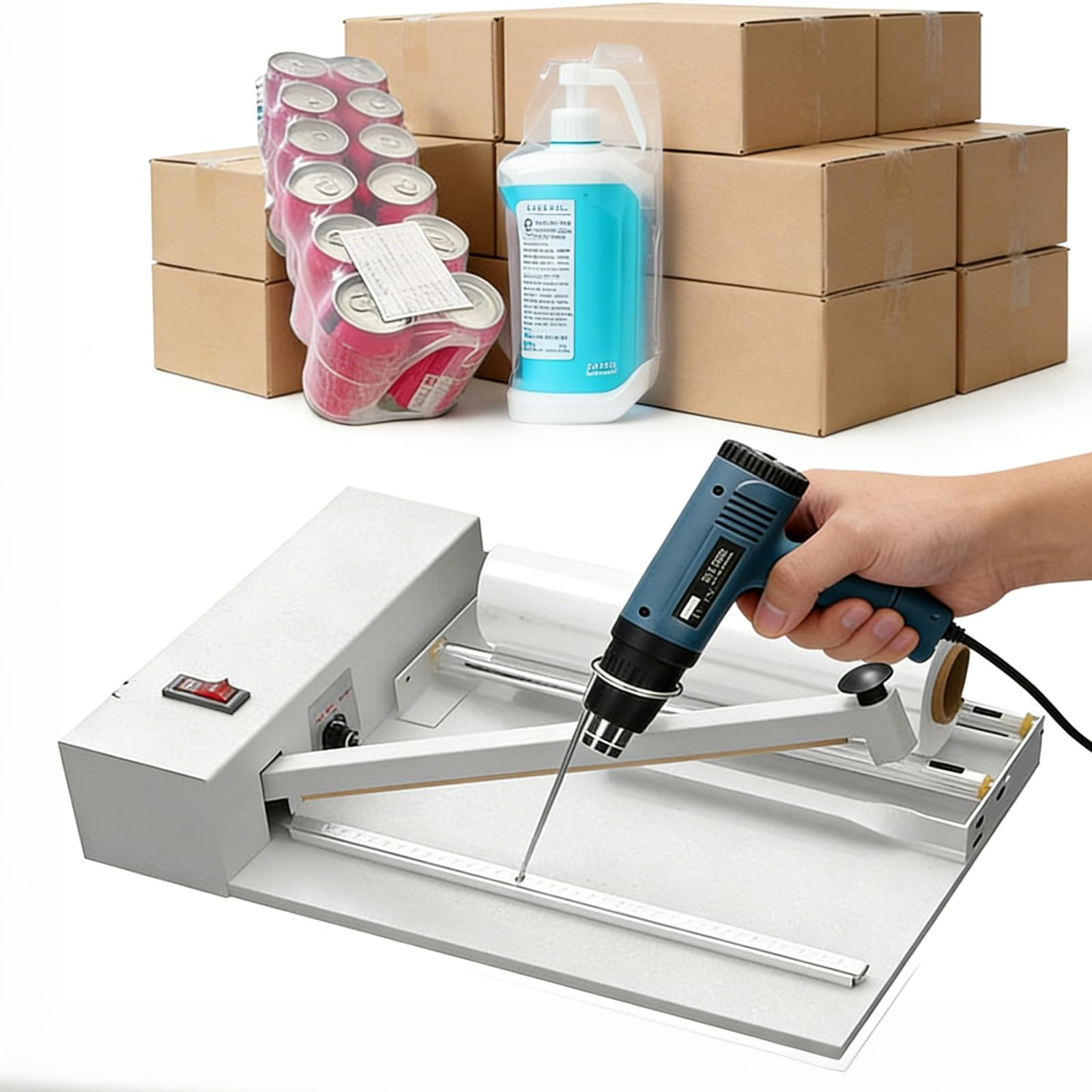 Eiwitany L-Type Sealer Heat Shrink Packaging Tool with Stainless Steel Roller Stand & Heat Gun,for PE & POF Film to Pack Shoes and Books