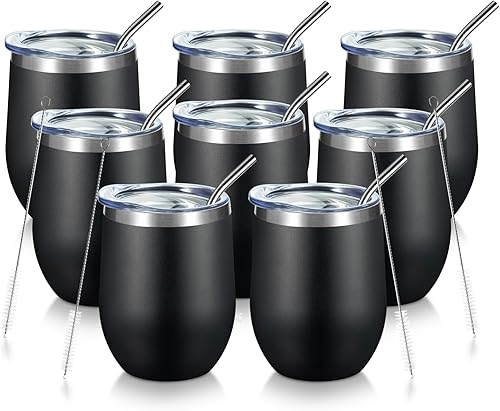 Miniatura 34 de COMOOO Vaso de vino de 12 onzas con tapa y popote, copa de vino de acero inoxidable, copa de vino de doble pared aislada al vacío para vino, Blanco