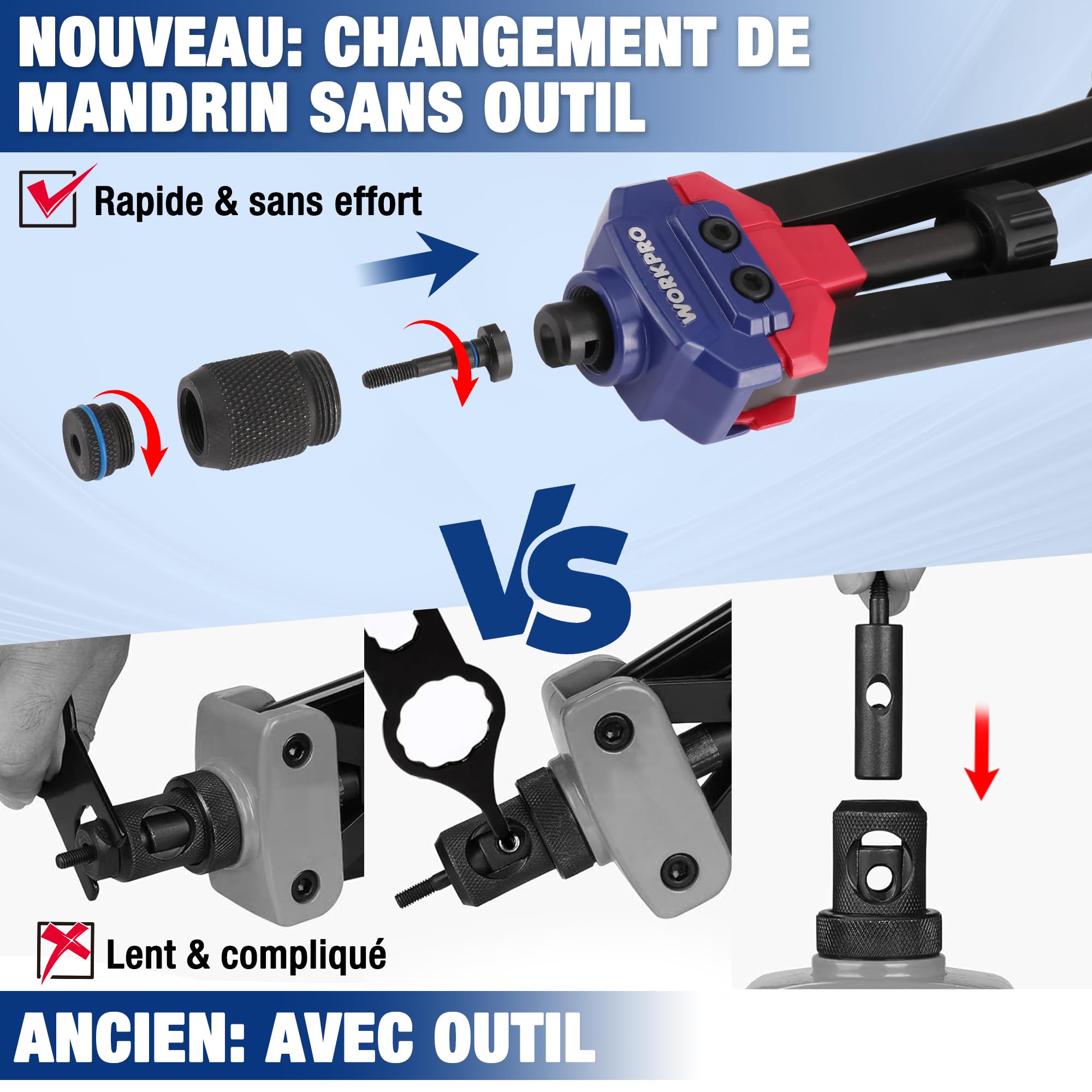 WORKPRO Outil à riveter, 40,6 cm avec 11 mandrins métriques et SAE, ensemble d'outils à rivets manuels avec 185 rivets filetés, riveteuse manuelle avec étui de transport | avec 11 Mandrins Métriques et SAE, Assortiment de 185 Écrous à Sertir, Mallette de