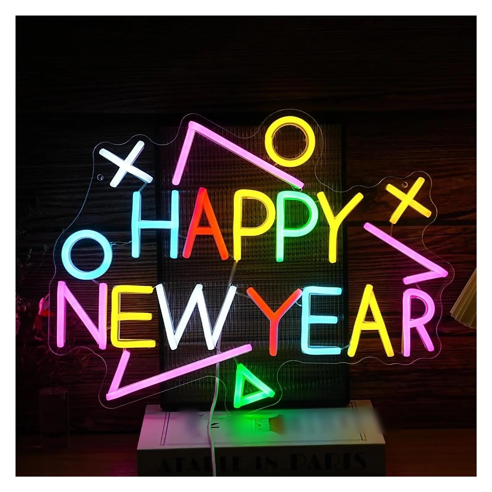 Wiszące neony artystyczne Wielokolorowy Neonowy Znak "Happy New Year" USB, Ściemnialna Dekoracja Ścienna LED Do Sklepu, Domu, Imprezy,42x32cm