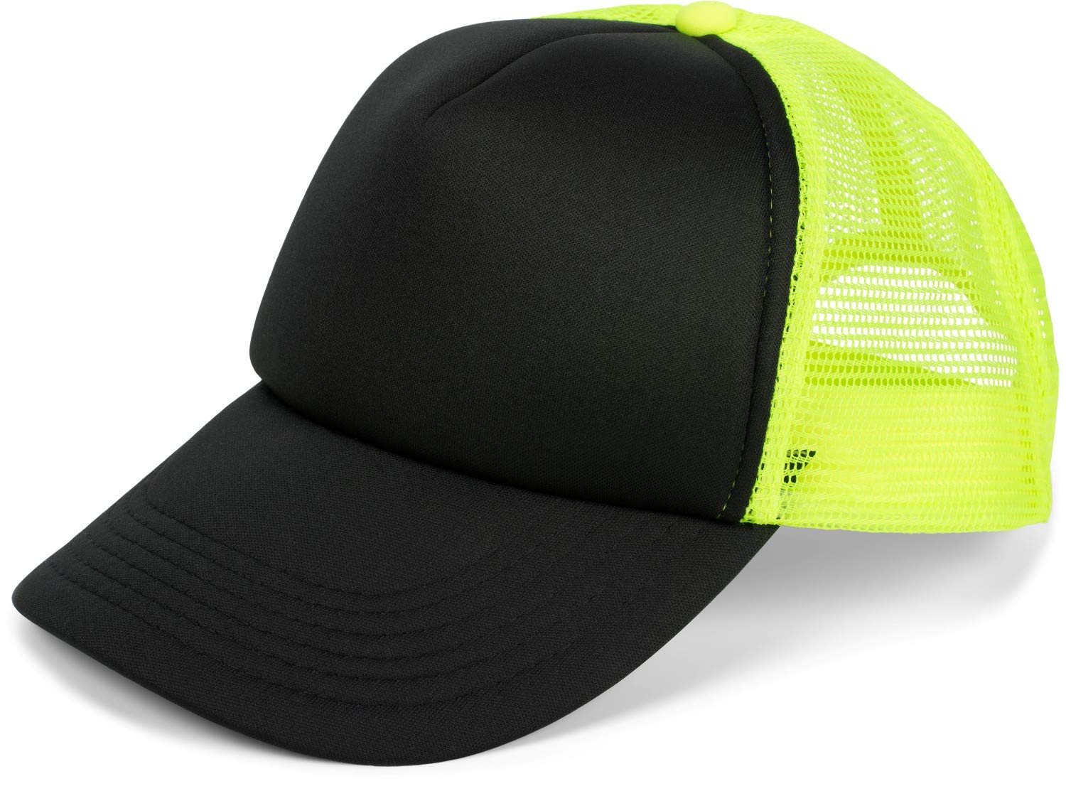 Stylebreaker Unisex Black-Neonyellow 5-Panel Mesh Cap, Trucker Baseball Cap, Adjustable Click And Snap Closure, Cap 04023007, Colour: