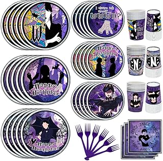 AURORAPARTY 150pcs Wednesday Party Supplies Addams Birthday Plates Party Decorations Purple Forks Birthday Disposable Tableware Set for 30 Guests