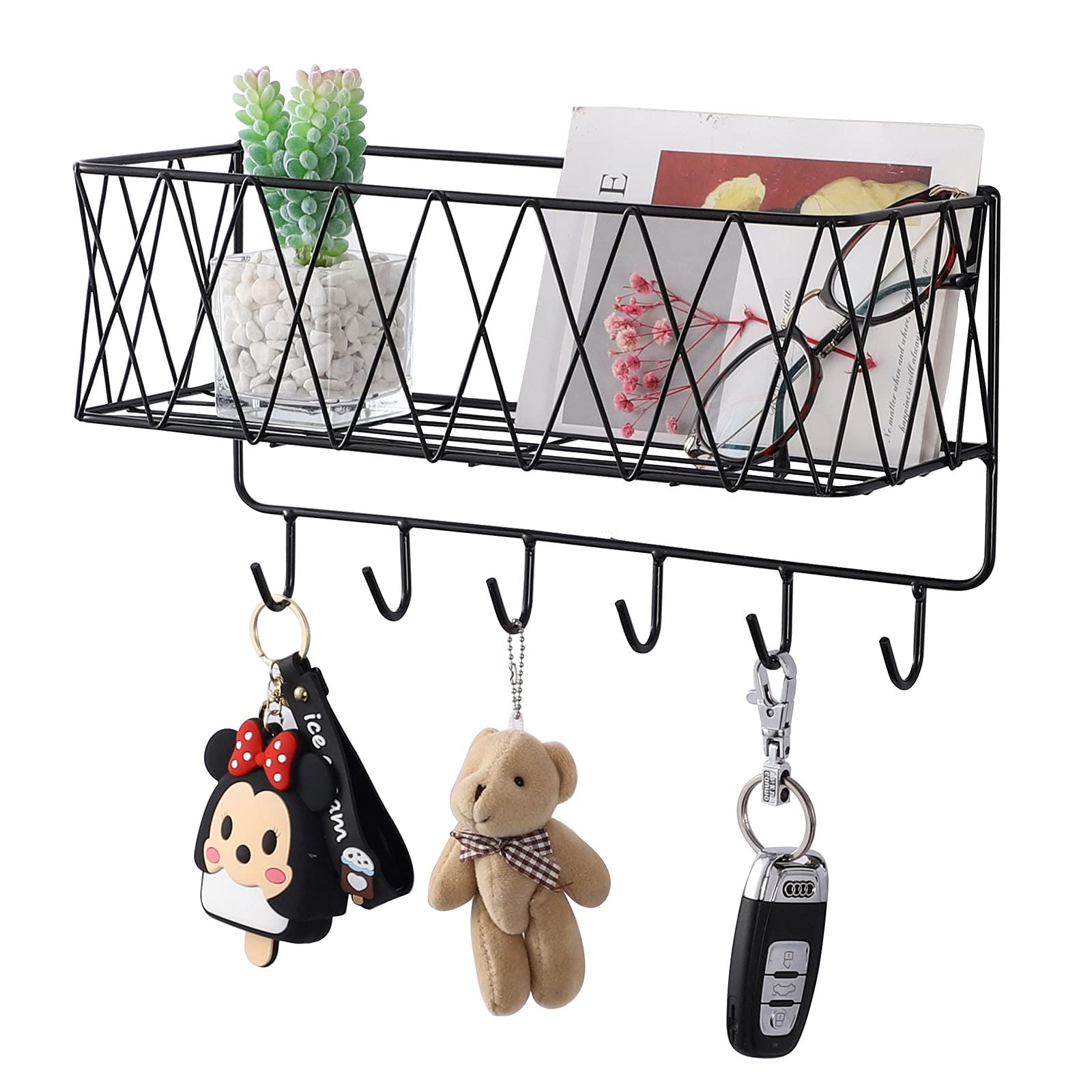 RUNJIN Wall Mount Entryway Mail Holder with Key Hooks,Metal Wire Mesh Mail Sorter Basket with 6 Hooks,Easy to Organize Letters,Magazines, Keys,Leashe,for Entryway,Hallway,Office,Black