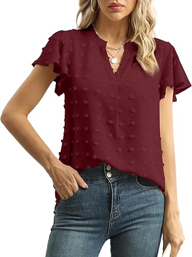 Miniatura 2 de YSYOKOW Womens Summer Tops Casual V Neck T Shirts Ruffle Short Sleeve Blouses Dressy Loose Fit Tunic
