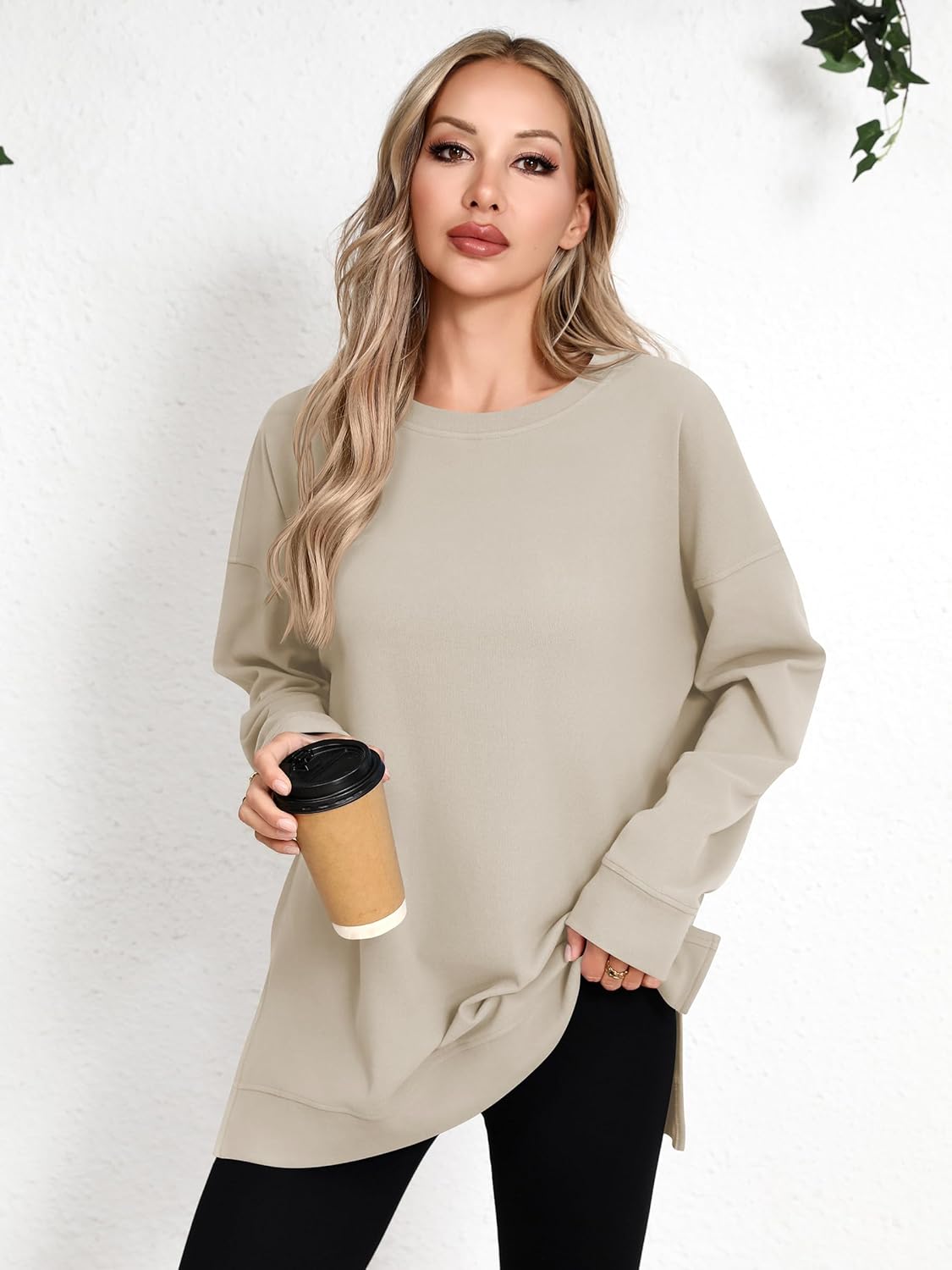 Laughido Women's Long Sleeve Crew Neck Slit Oversized Sweatshirts Pullover Loose Casual Tunic Tops 2025 Fall Clothes - Image 4