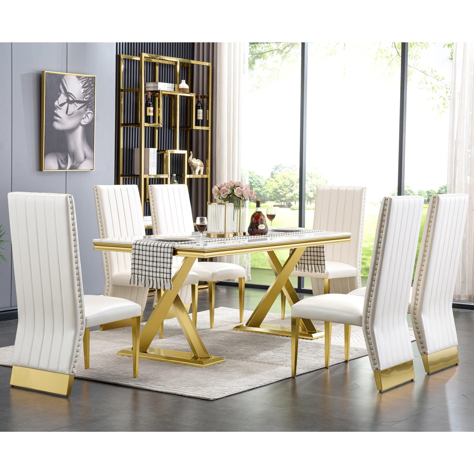 jajaplus7 Piece Dining Room Set, Elegant White and Gold Dining Room Table Sets for 6, 72 inches Rectangular Dining Table with 6 White Leather Dining Chairs