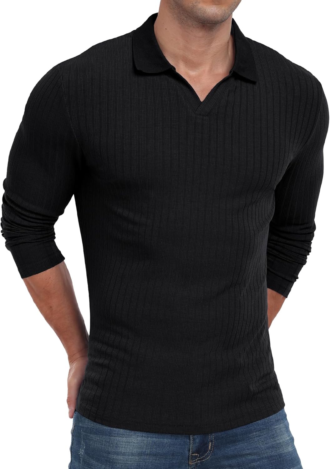 Askdeer Men's Muscle Polo Shirts V Neck Slim Fit Ribbed T Shirts Short/Long Sleeve Golf Collar Shirt Knit Casual Tee - Image 4