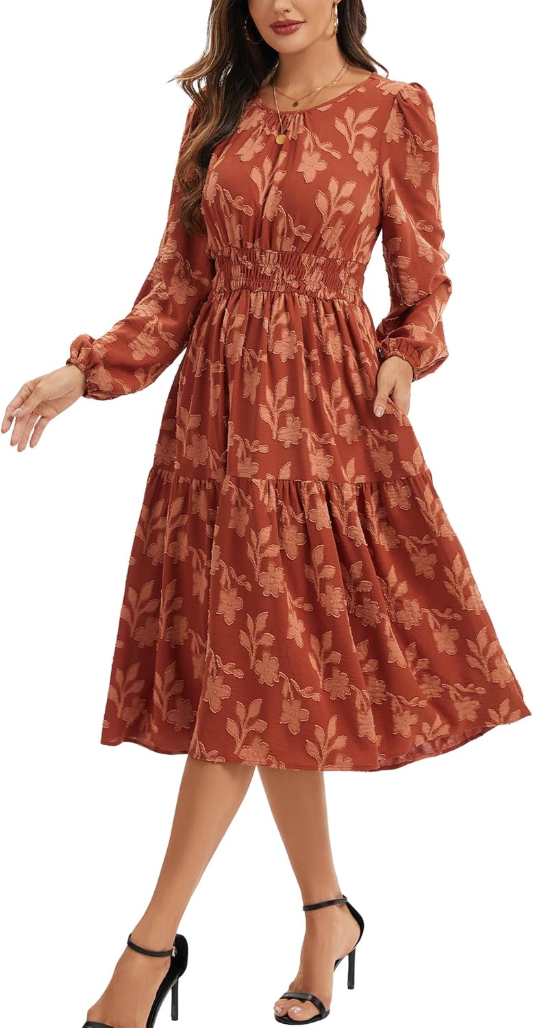 Kormei Women Casual Boho Floral Long Sleeve Midi Dress Round Neck Smocked Waist Tiered Flowy Fall Swing Short Dresses - Image 3