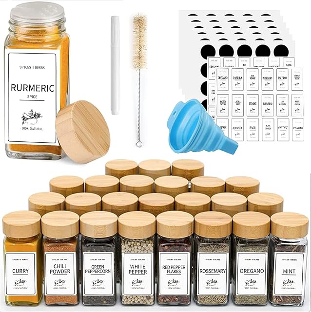 25 Spice Jars with Labels, 4OZ Spice Jars with Bamboo Lids, Glass Spice Containers with Shaker xLids Seasoning Jars Bottles with 120 Spice Labels for Spice Rack Cabinet Drawer