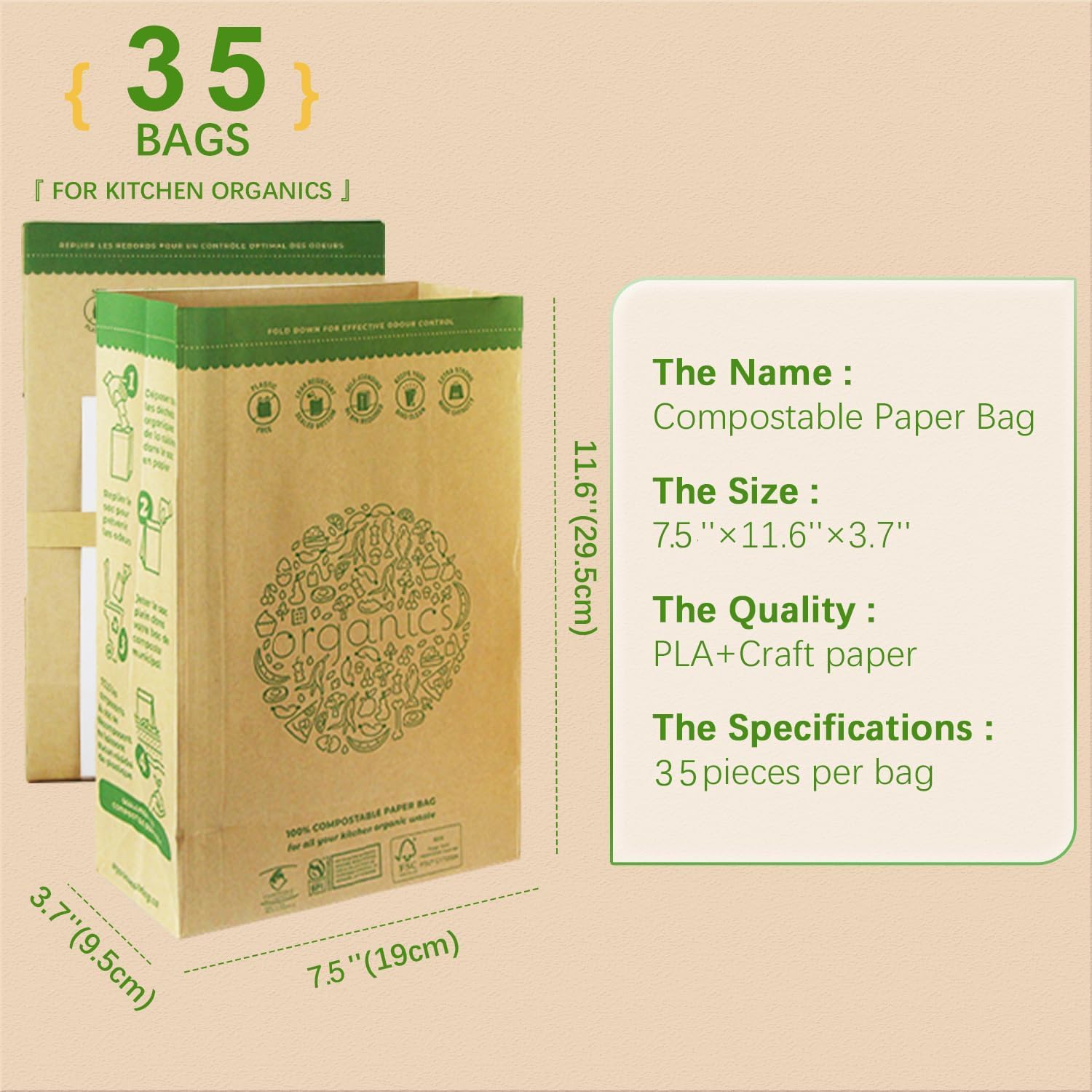 Hytrend - Bolsa de basura de alimentos de cocina, 35 bolsas, bolsa de papel 100% compostable, forro resistente a fugas, sin plástico, pequeña certificada por BNQ y BPI