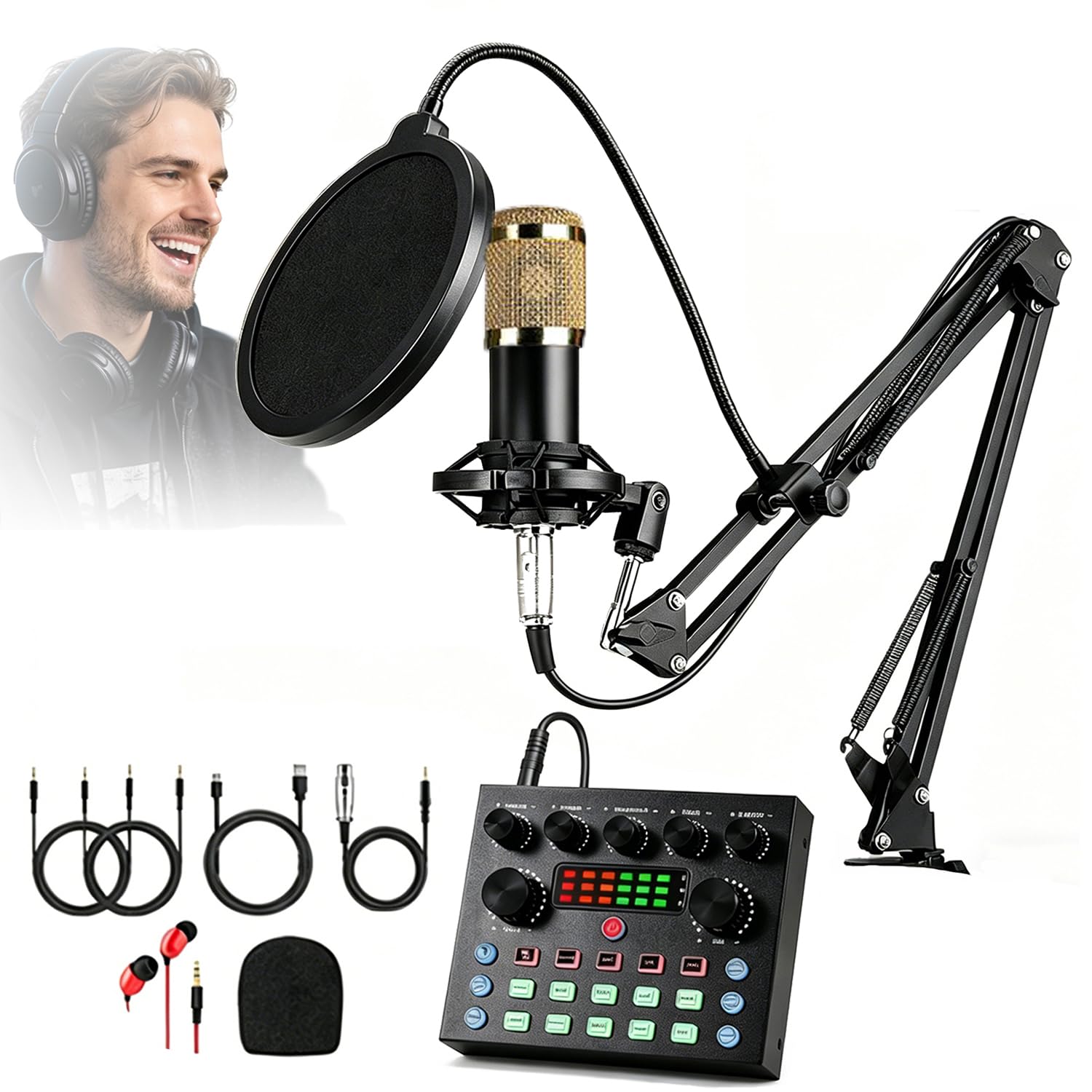 Paquete De Equipo Para Podcast, Cambiador De Voz Con Micrófono Para Podcast, Brazo Articulado Ajustable Para Micrófono, Para Micrófono De Juegos, Equipo De Estudio, Canto Y Transmisión En Vivo Glod