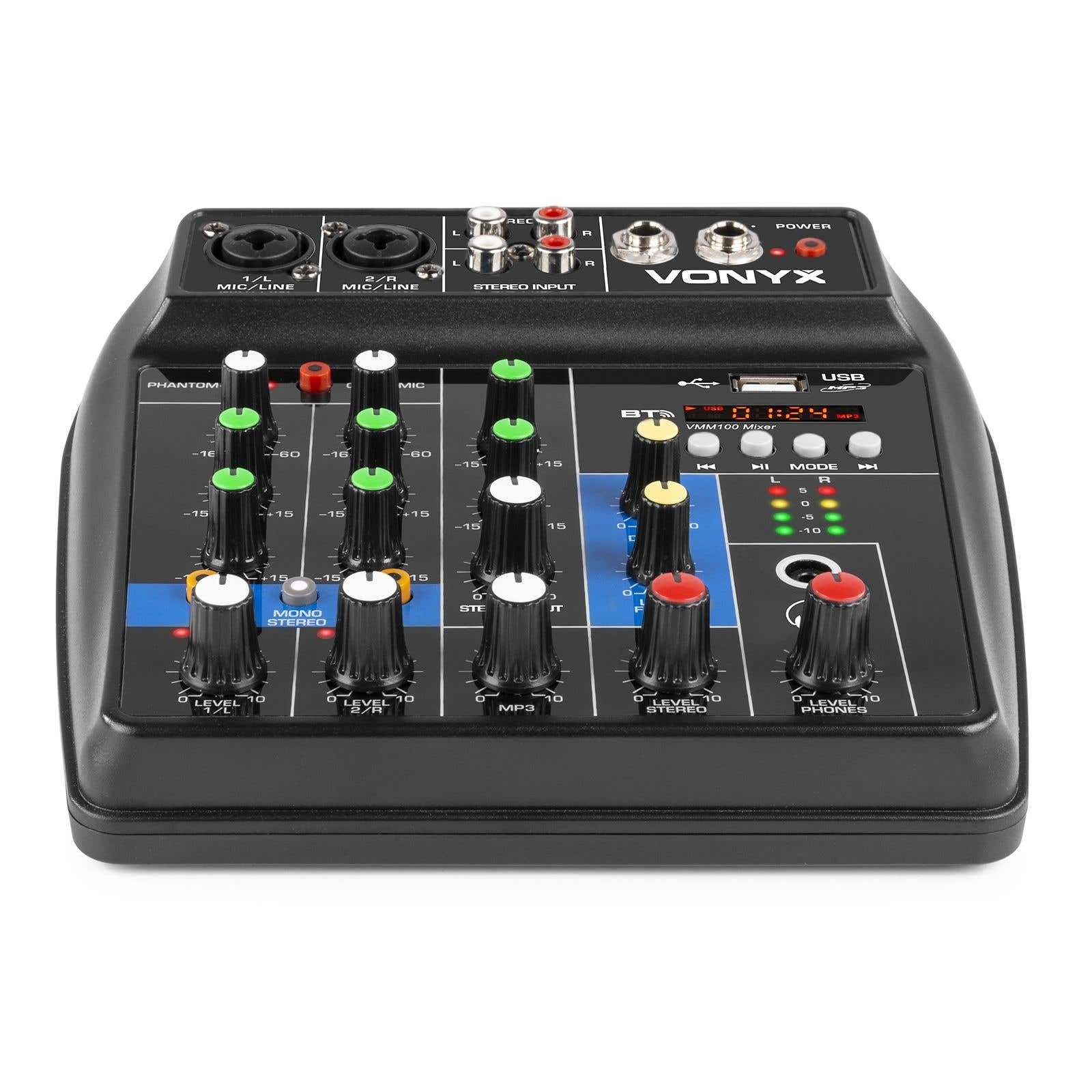 Vonyx VMM100 Mezclador Audio con USB, bluetooth, display, efecto delay, ecualizador de 2 bandas, 2 entradas de micro XLR/Jack, phantom +48v, entrada estéreo, ideal para pequeños eventos o fiestas