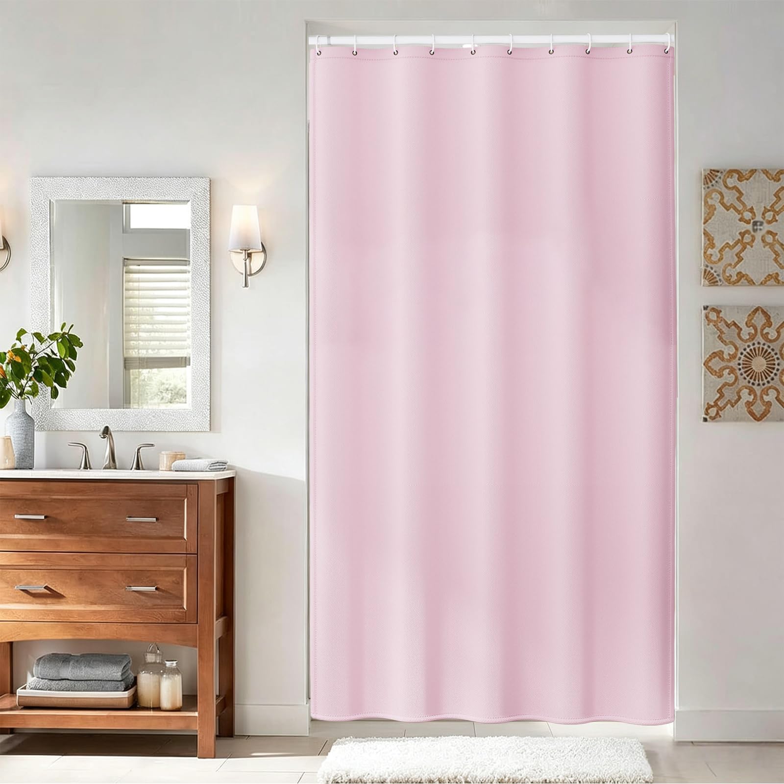 Cortina de Ducha de Tela 240 x 80 cm Cortina de Ducha Resistente Al Moho - Antimoho, Impermeable, Lavable, de Poliéster con Ojales y Anillos, para Baño, Bañera, Rosa