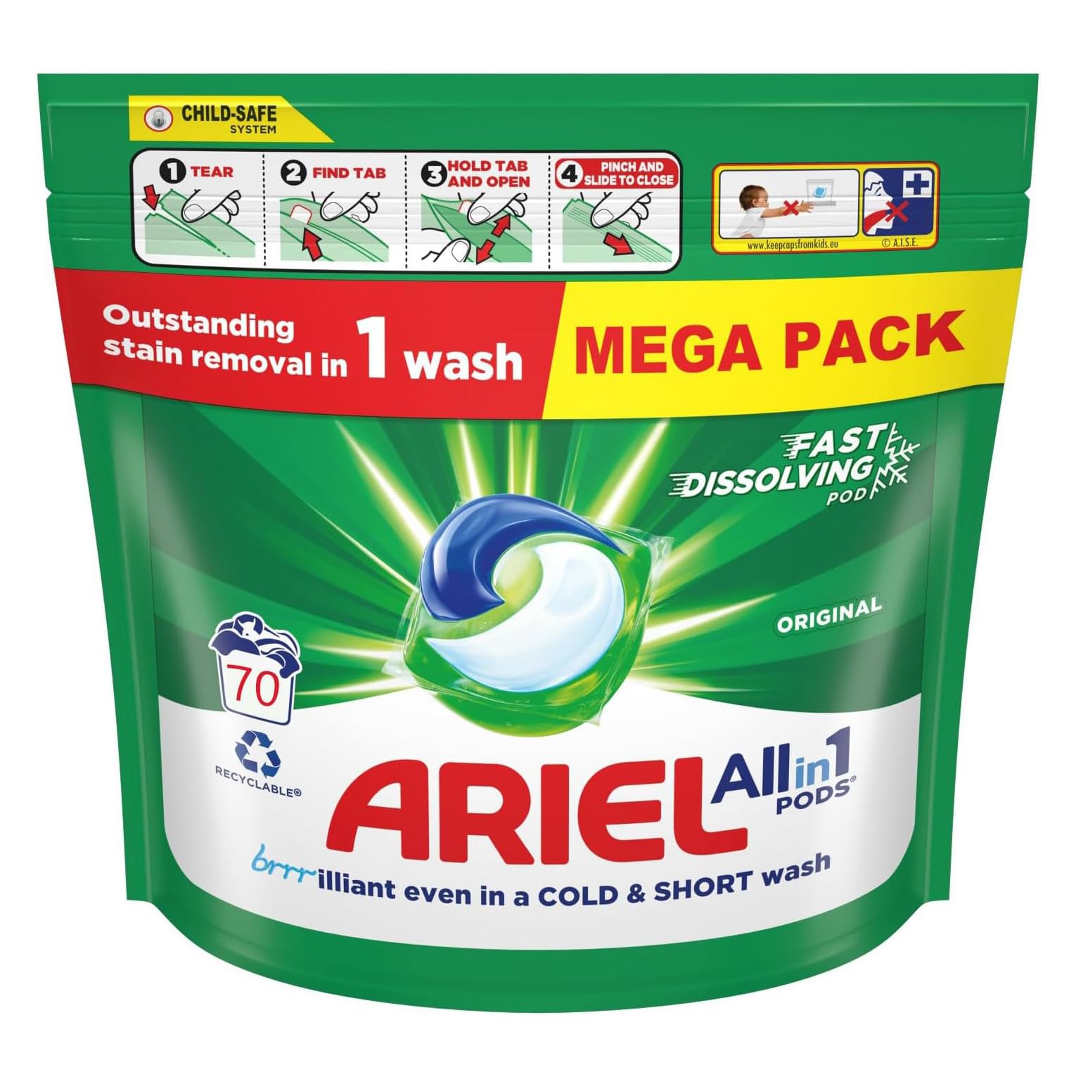 Ariel All-in-1 PODS®, Washing Liquid Laundry Detergent Capsules 70 Washes, Original, Outstanding Stain Removal In 1 Wash, Brrrilliant In Cold & Short