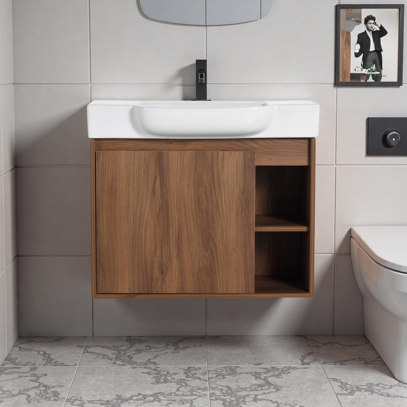 28" Bathroom Vanity with Ceramic Sink, Modern Wall-Mounted Bathroom Vanity with Soft-Close Door & 2 Open Storage Shelves for Home, Farmhouse, Undermount Storage Cabinet, Easy to Clean, Brown