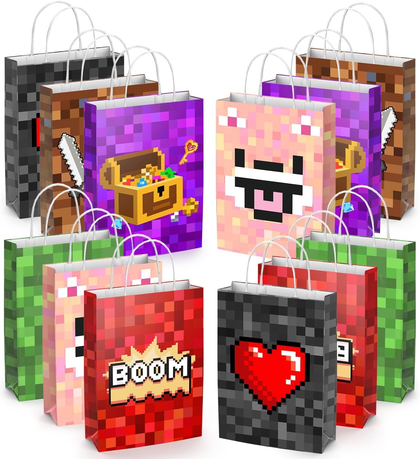 24 Pcs Pixel Party Favor Bags, Mining Themed Party Gift Bags with Handles, Paper Gift Bags Pixel Goodie Bags Treat Candy Bags for Kids Adults Pixel Party Supplies