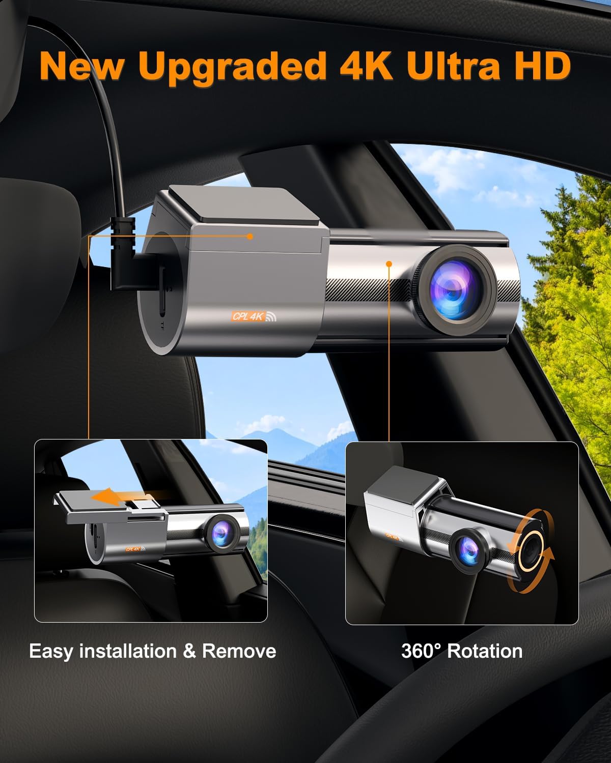 Dashcam Voiture 4K,5G WiFi Dashcam avec CPL Filter, 360° Camera Voiture IPS 1.47" avec Carte SD 64G, Contrôle de I'application, Moniteur de stationnement, Vision Nocturne, Enregistrement en Boucle