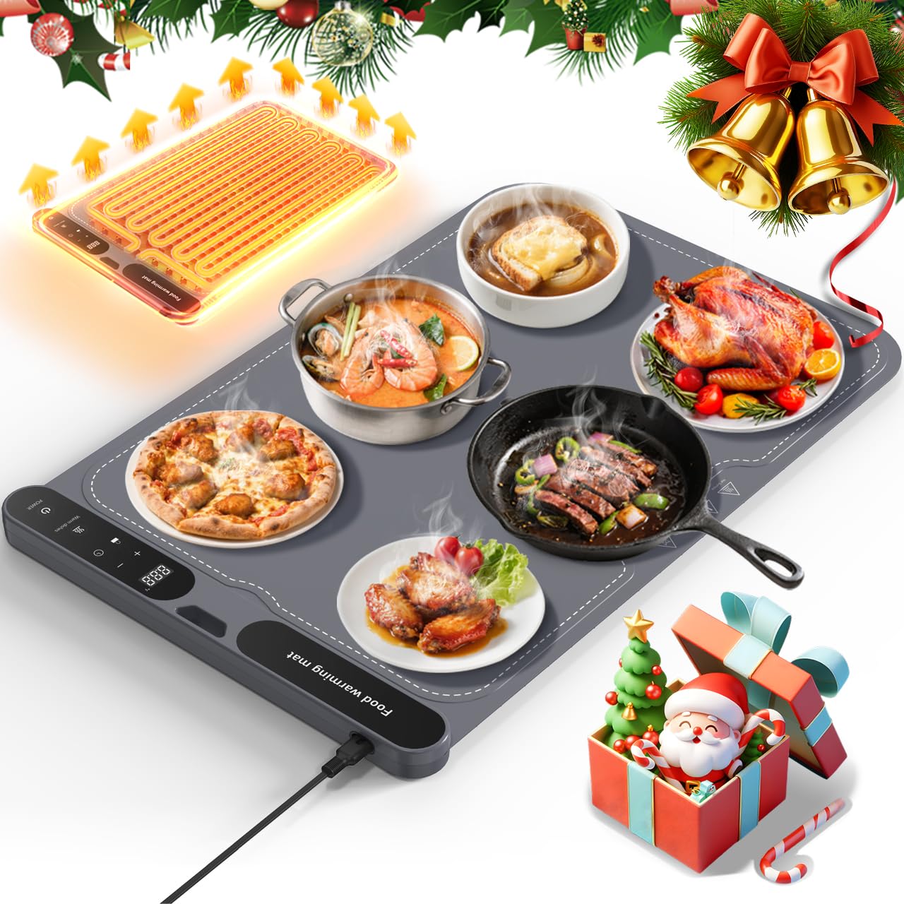 food warming mat — 8s fast heating electric warming tray with 7-level temperature & 8-hour timer, roll-up portable food warmer for home dinner, party, travel, outdoor picnic (size and color may vary)