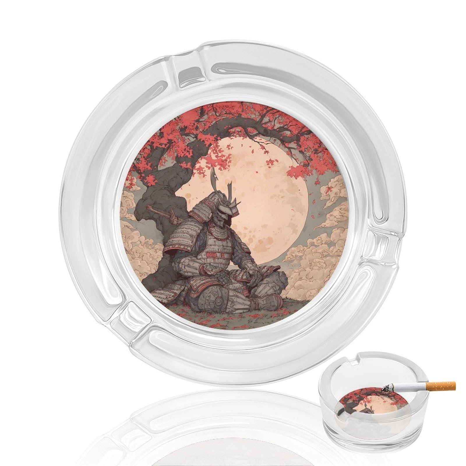 Japanese Samurais-Armor Ashtray Portable Round Glass Outdoor Ash Tray for Home Office Garden Pub