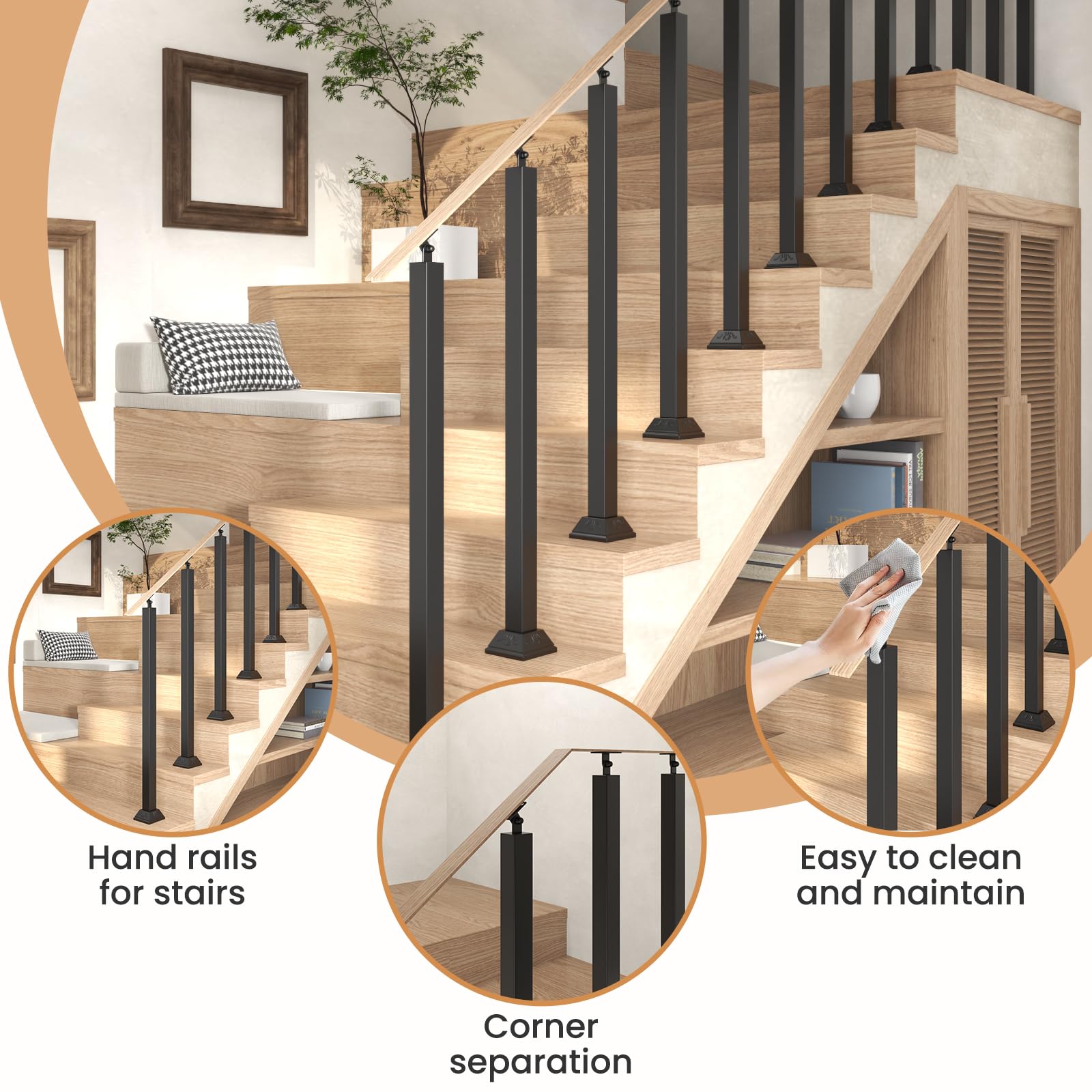 Noliven Square Stair Baluster Posts – 4-Pack 270° Adjustable Metal Spindles, 95cm Tall, Black Wrought Iron With Bracket Base & Screws