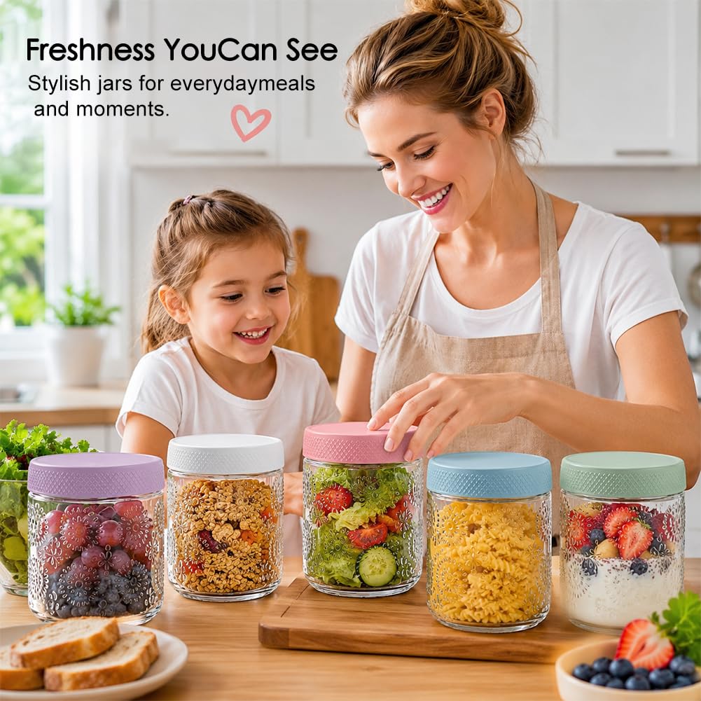Overnight Oats - Juego de 6 tarros de cristal con tapa y cuchara (475 ml)