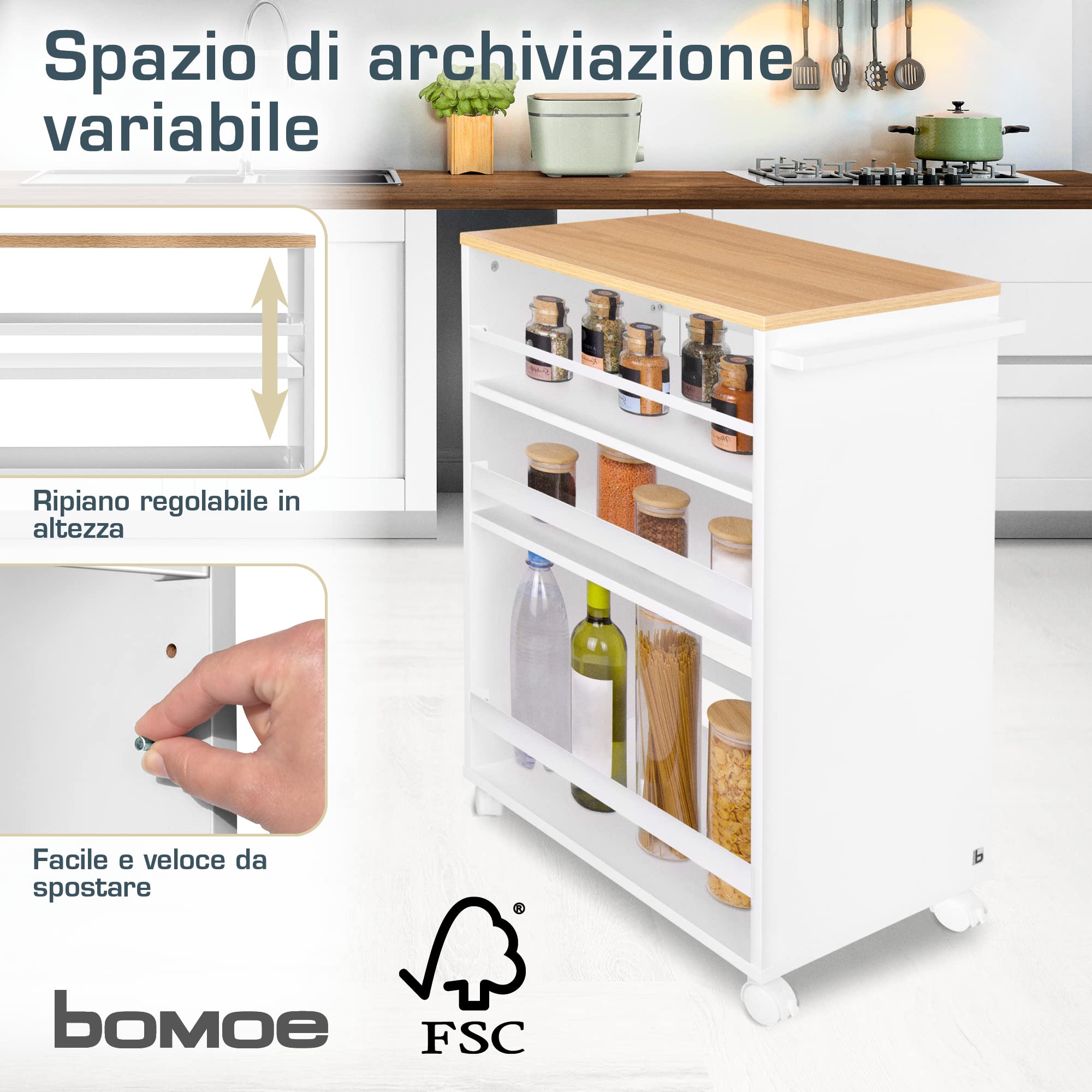 bomoe Carrello da Cucina Su Rotelle Con 3 Livelli Regolabili - Legno FSC® di Alta Qualità Universale per Cucine e Bagno - Bengt Rovere e Bianco