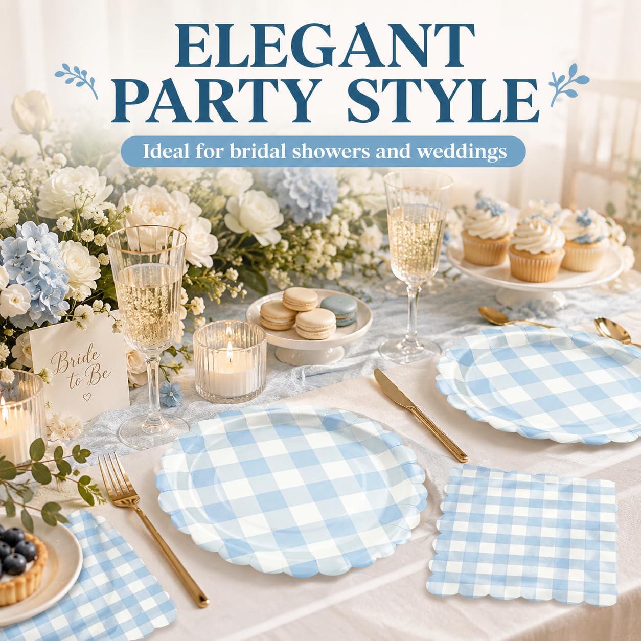 Blue Gingham Paper Plates & Napkins - 50 PCS -3
