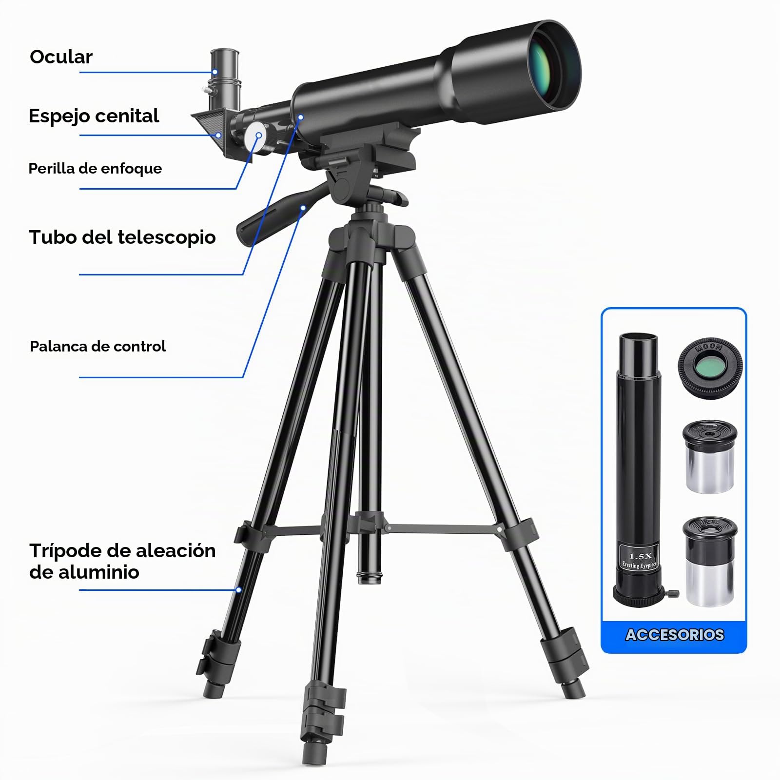 Telescopio para niños, apertura de 50 mm, 360 mm, telescopio astronómico portátil para adultos principiantes con trípode mejorado, color blanco